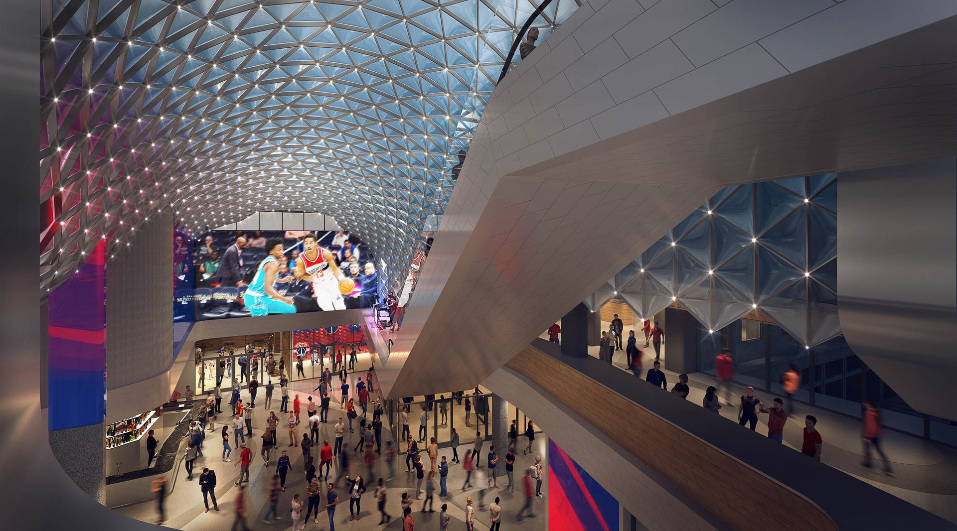 Busy modern arena concourse with a geometric ceiling, large screen playing basketball, and many people.