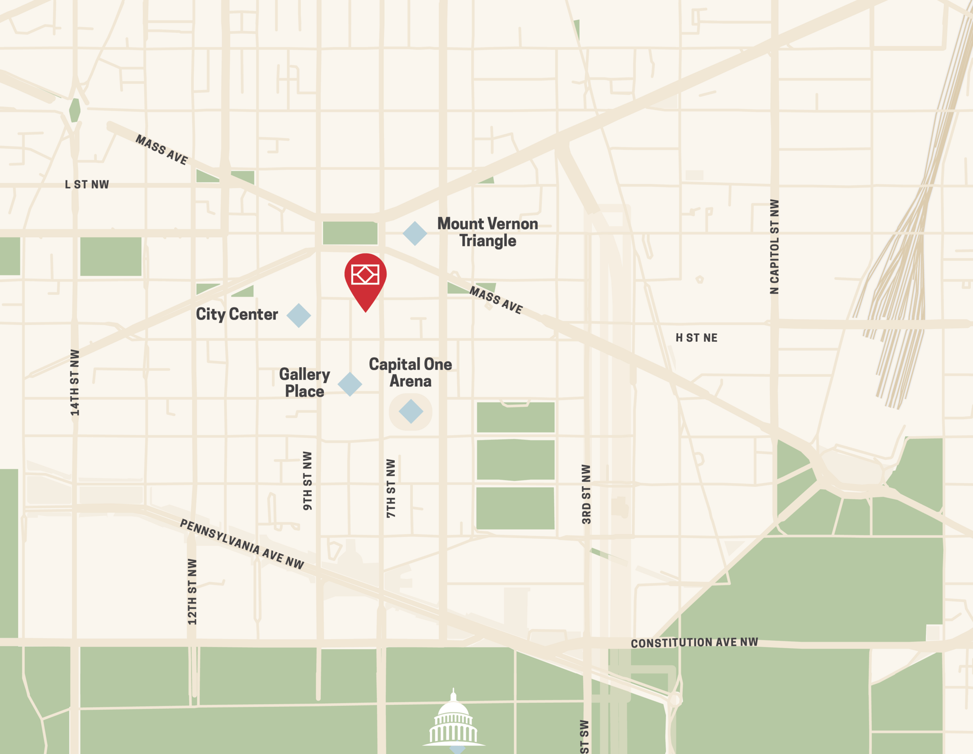 Washington D.C. map showing a red location pin, Mount Vernon Triangle, City Center, and Capital One Arena.