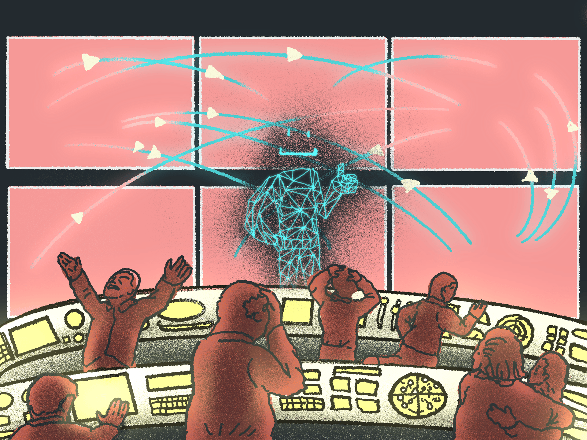 Control room crew overwhelmed by a smiling wireframe AI manipulating data on screens.