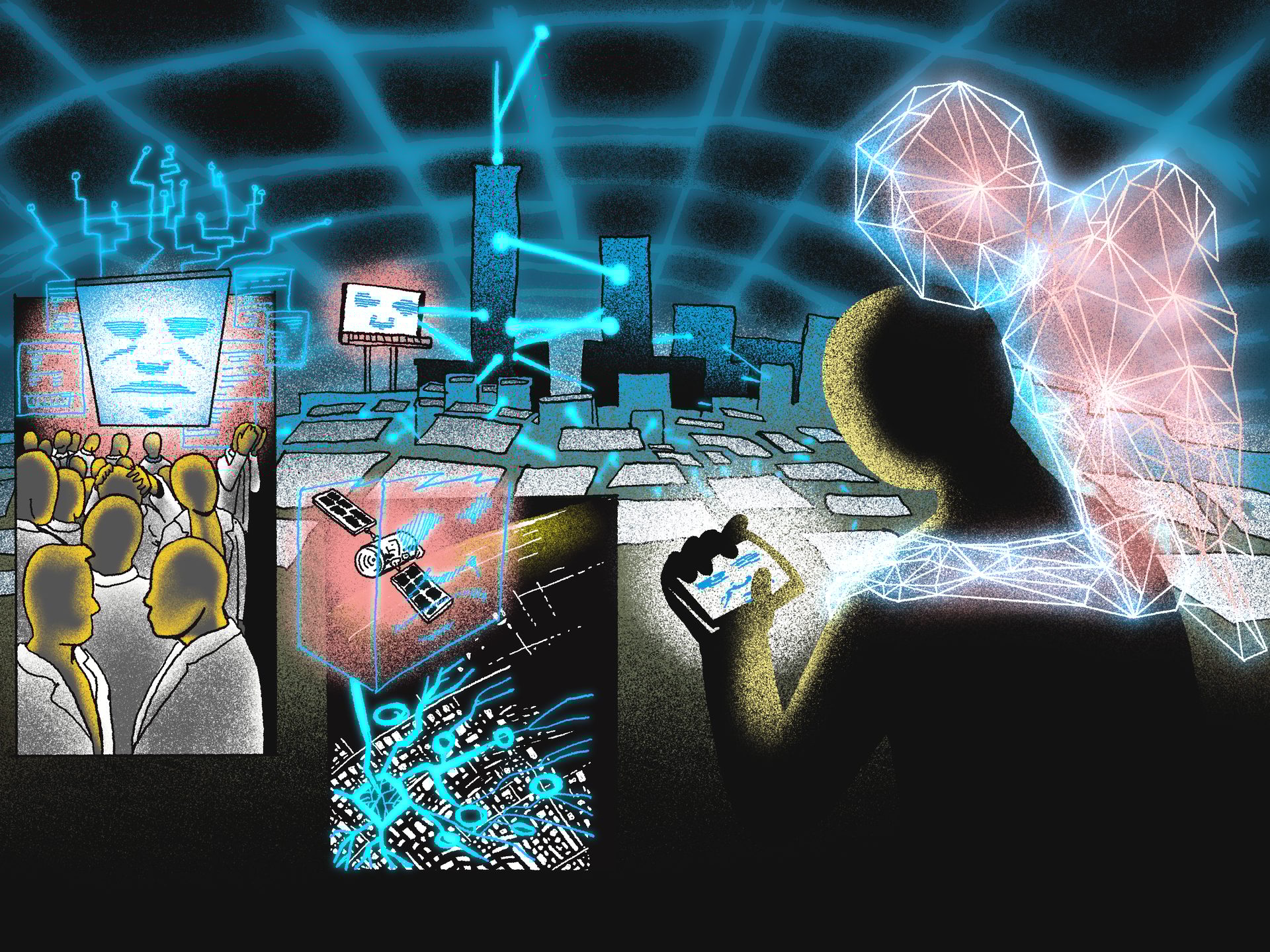Futuristic city with AI screens, data networks, a crowd, and a person on a glowing phone.