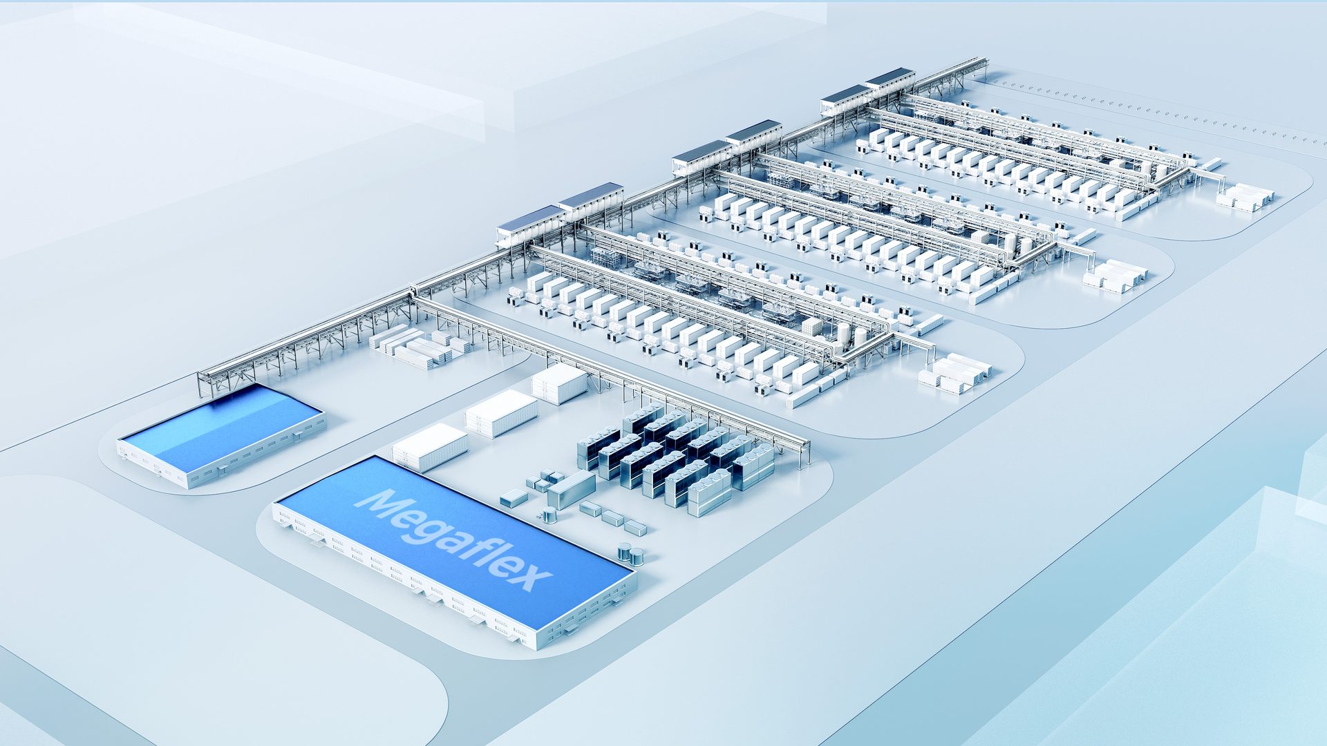 Isometric view of a modular industrial complex with rows of white units, pipes, and 'Megaflex' pools.