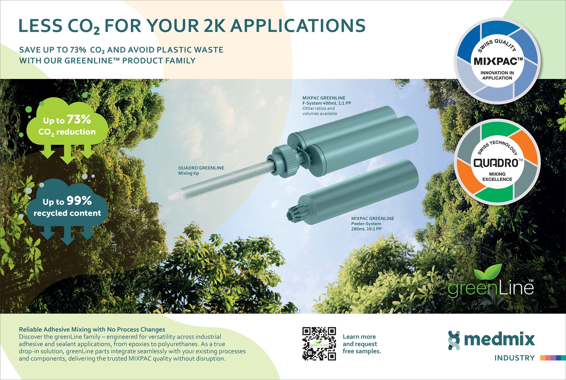 Medmix greenLine: Save CO2 & use recycled content for 2K applications. Mixers & systems shown.