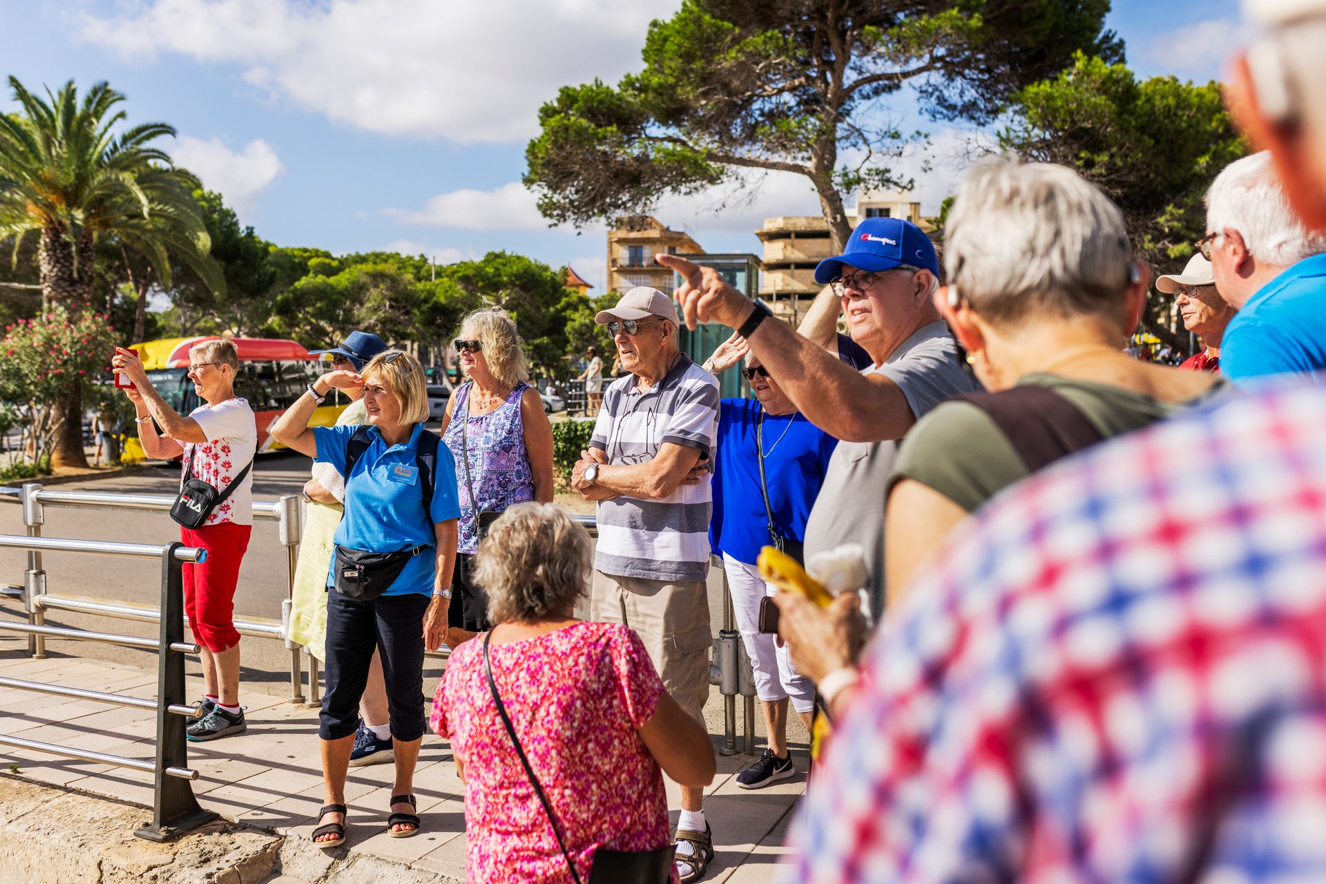 Seniors on a sunny outdoor tour, looking and pointing at sights.