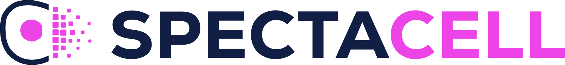 Logo for SPECTACELL, featuring a magenta pixelated C-like graphic and the company name in dark blue and magenta.