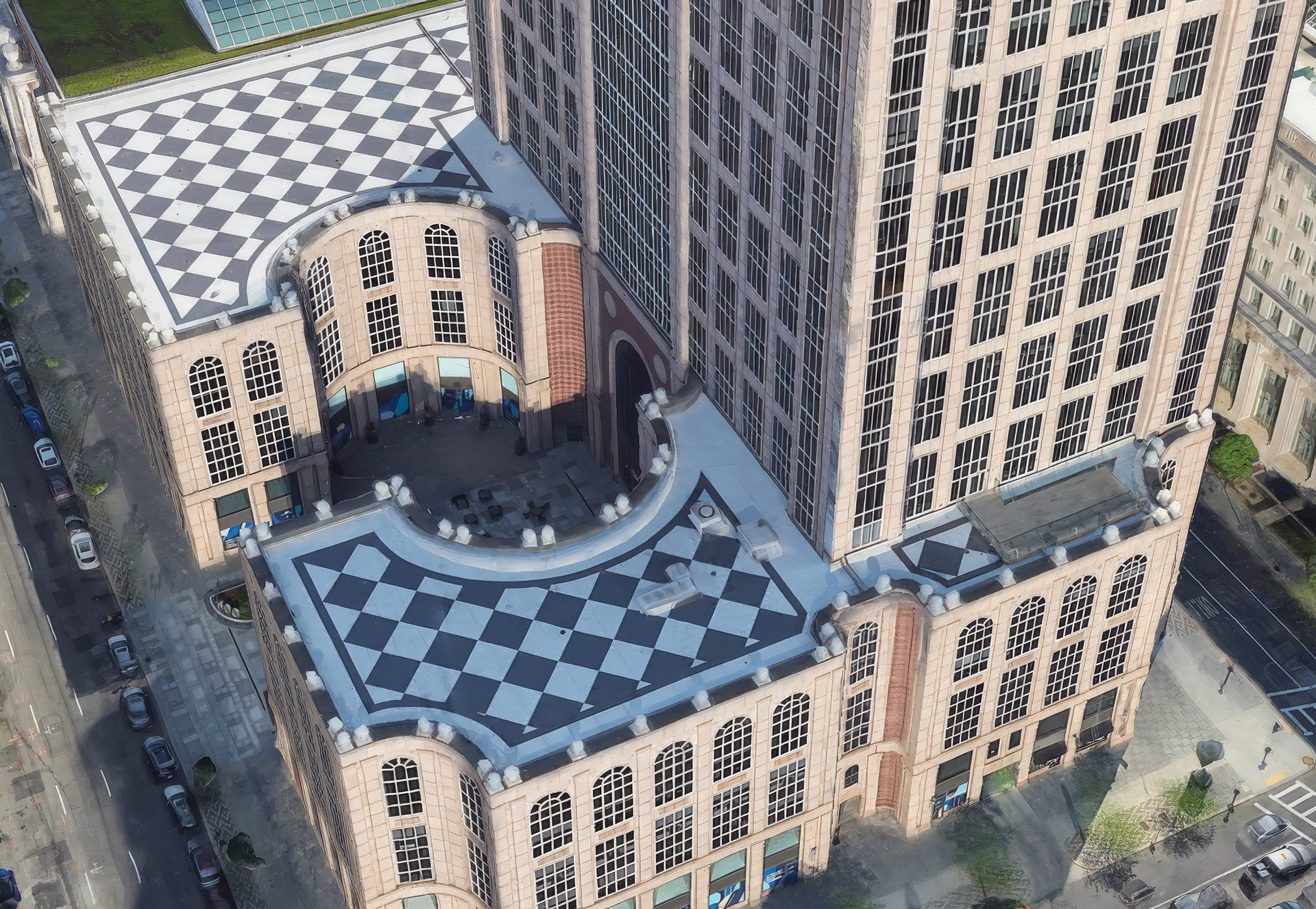 Aerial view of a skyscraper and its base with distinctive checkerboard pattern roofs and arched windows.