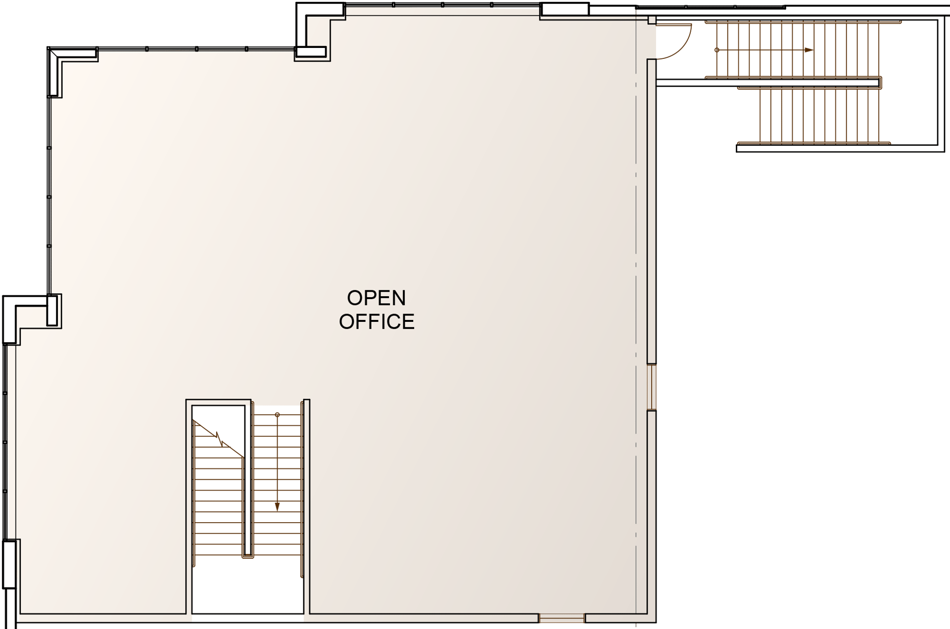 Floor plan of an open office with two staircases.