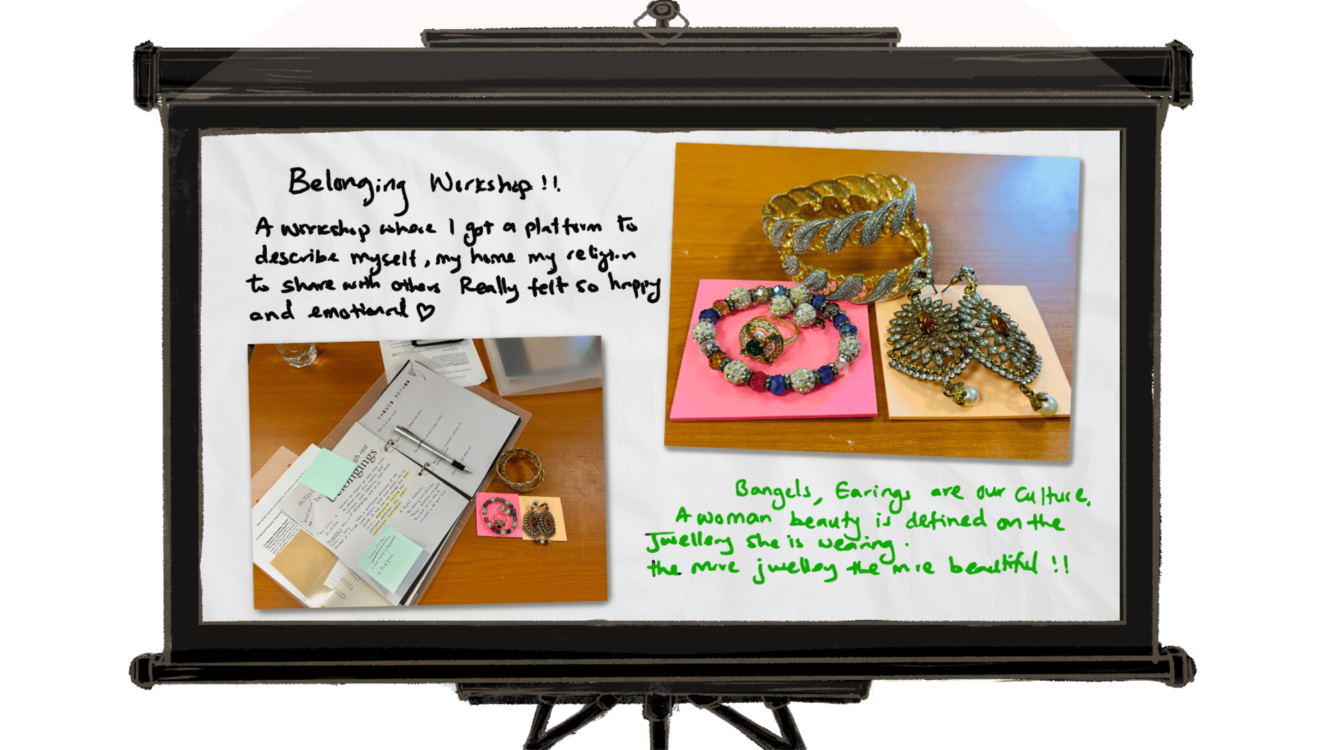 Projector screen: 'Belonging Workshop' notes and cultural jewelry photos.