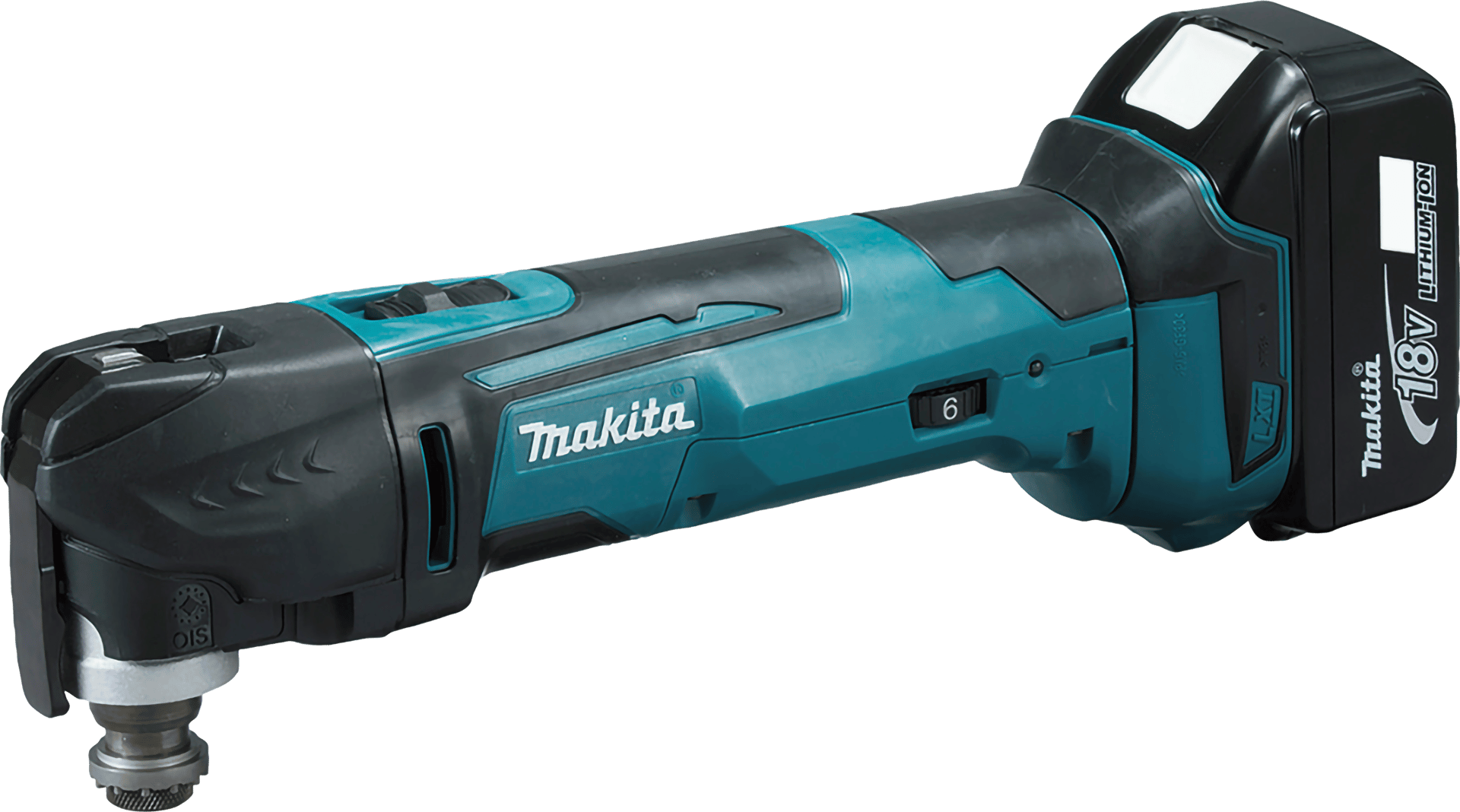 Cordless Makita 18V oscillating multi-tool in teal and black with an attached battery.