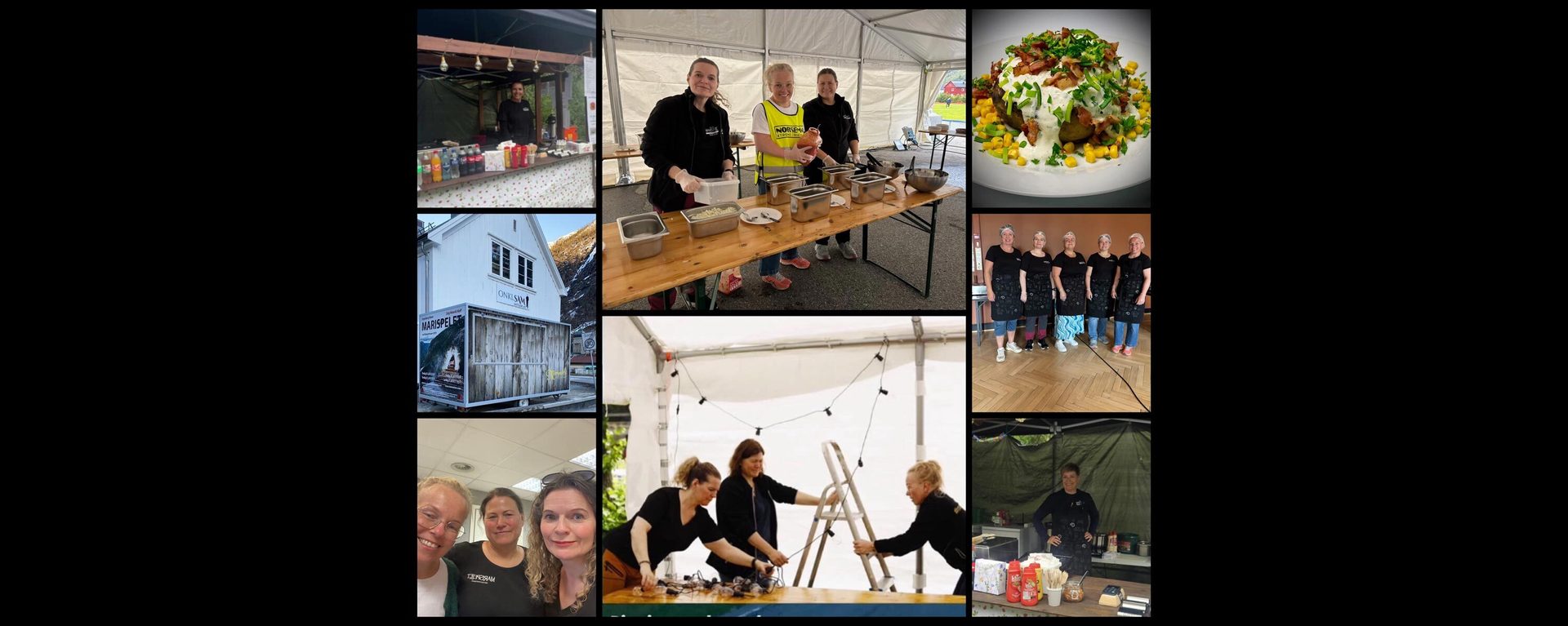 A collage of women preparing food and setting up events, featuring food stands and a loaded potato dish.
