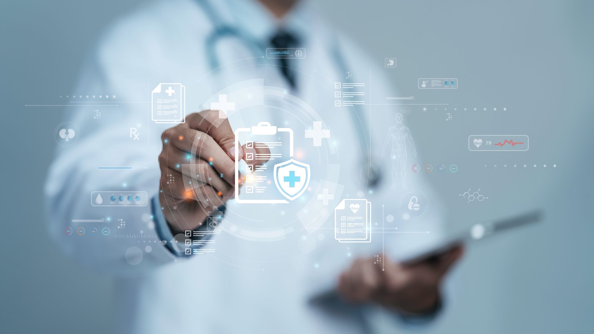 Doctor interacts with holographic medical data, including records, health monitoring, and security.