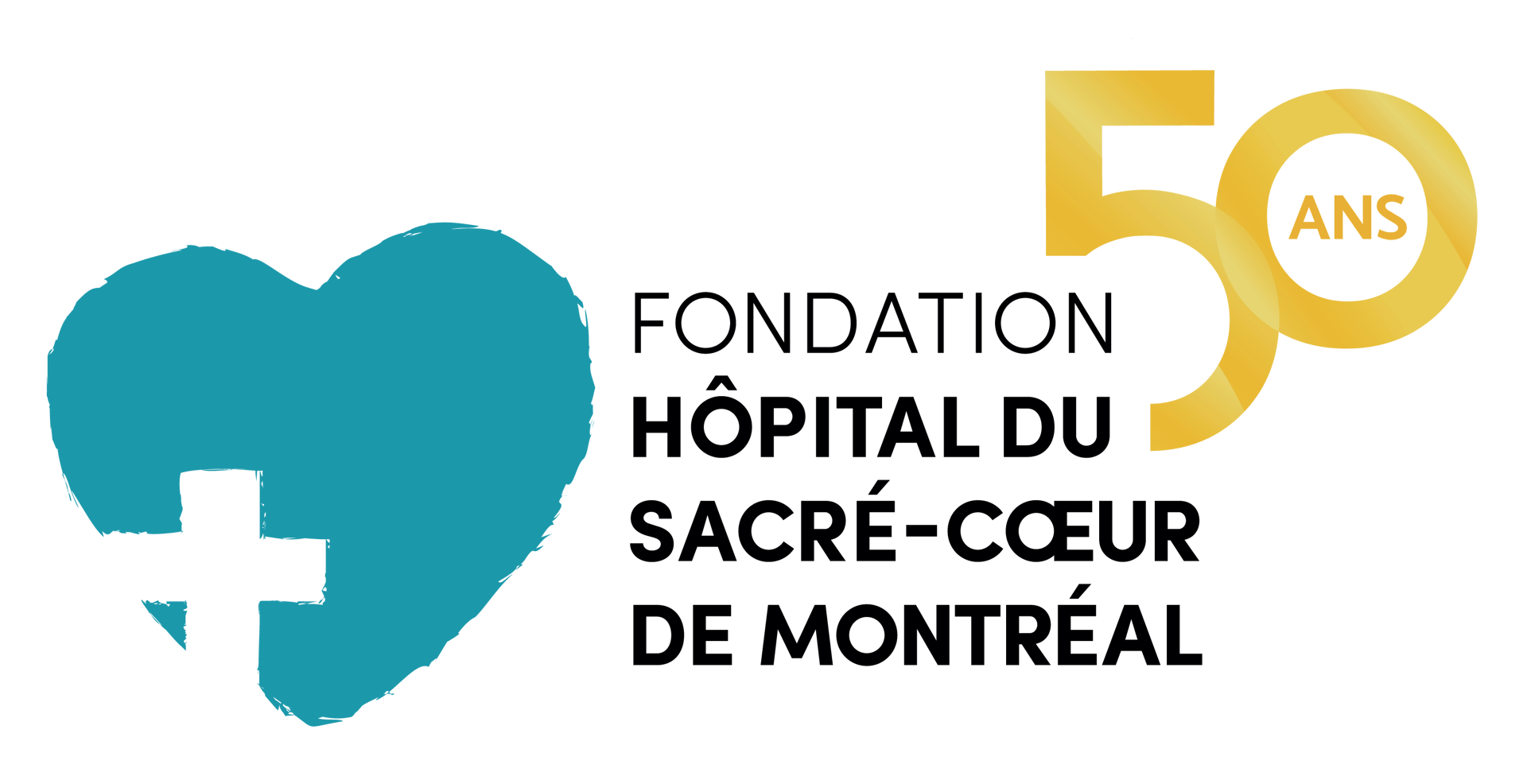 Logo for Fondation Hôpital du Sacré-Cœur de Montréal, featuring a teal heart with a cross, and "50 ANS".