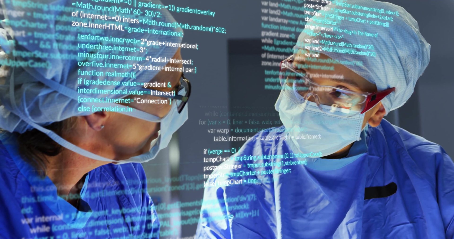 Two medical professionals in scrubs and masks, overlaid with glowing blue computer code, signifying digital health.