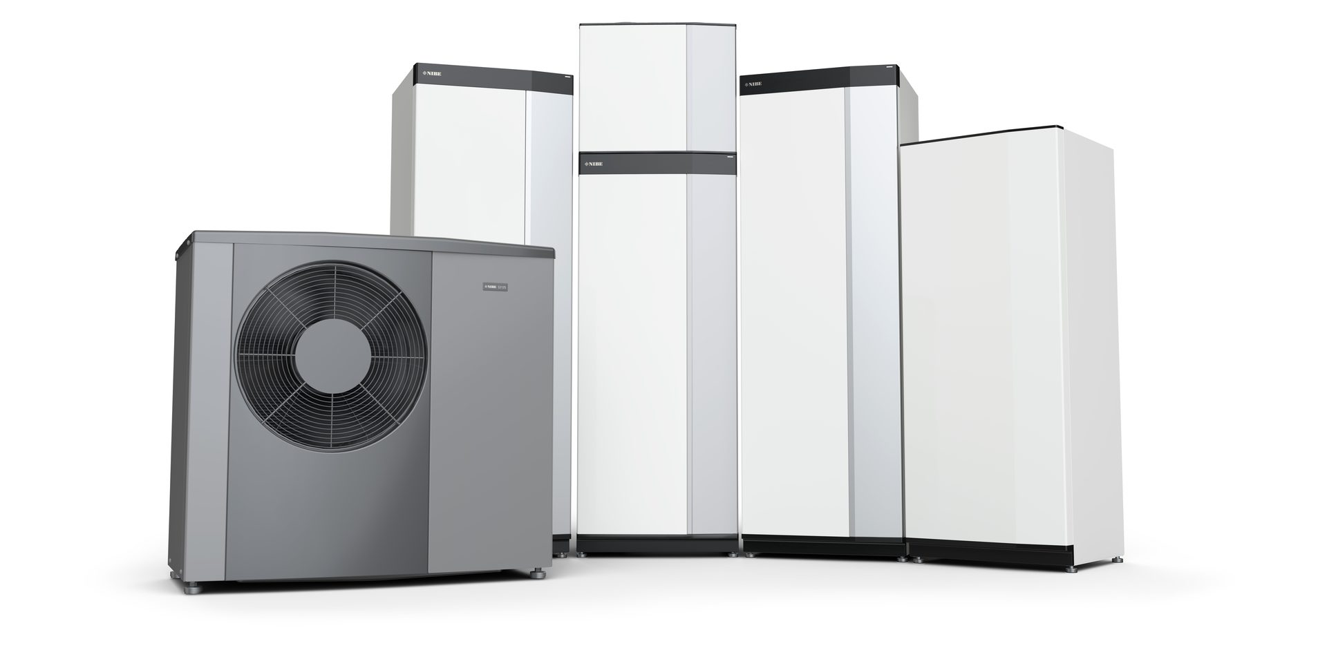 A grey outdoor heat pump unit with a fan and multiple white indoor heat pump system components.