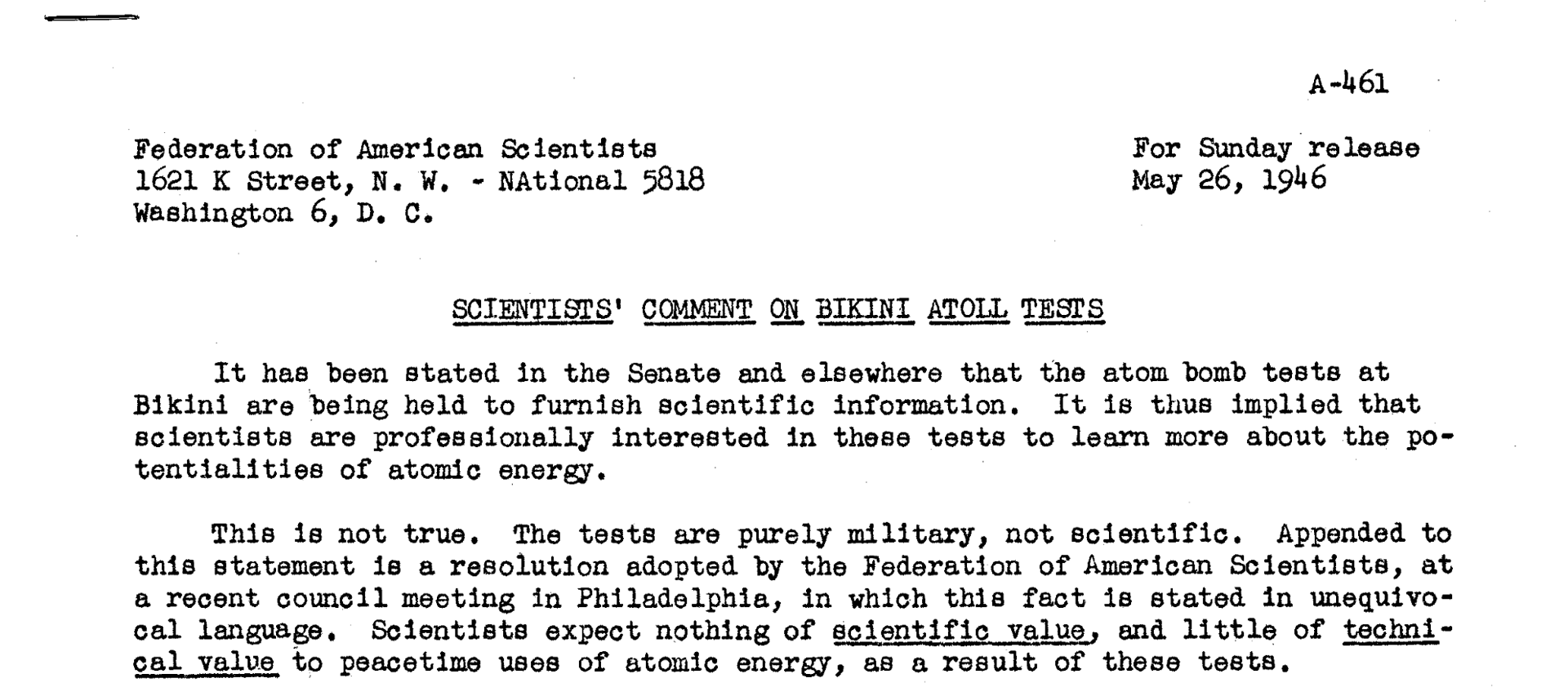 1946 Federation of American Scientists press release: Bikini Atoll tests are military, not scientific.