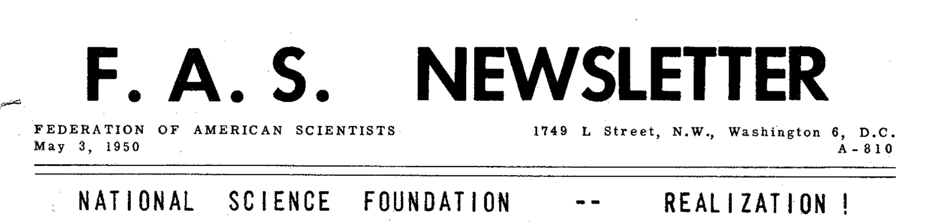 F.A.S. Newsletter header (May 3, 1950) about the National Science Foundation.