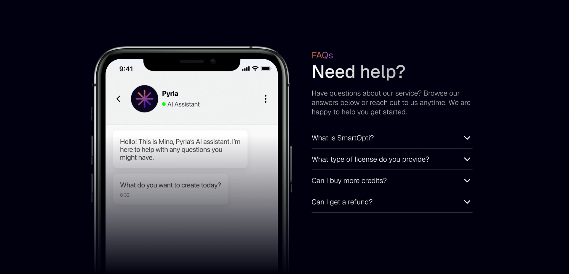 Smartphone with AI chat assistant "Pyrla" and a "Need help?" FAQ section.