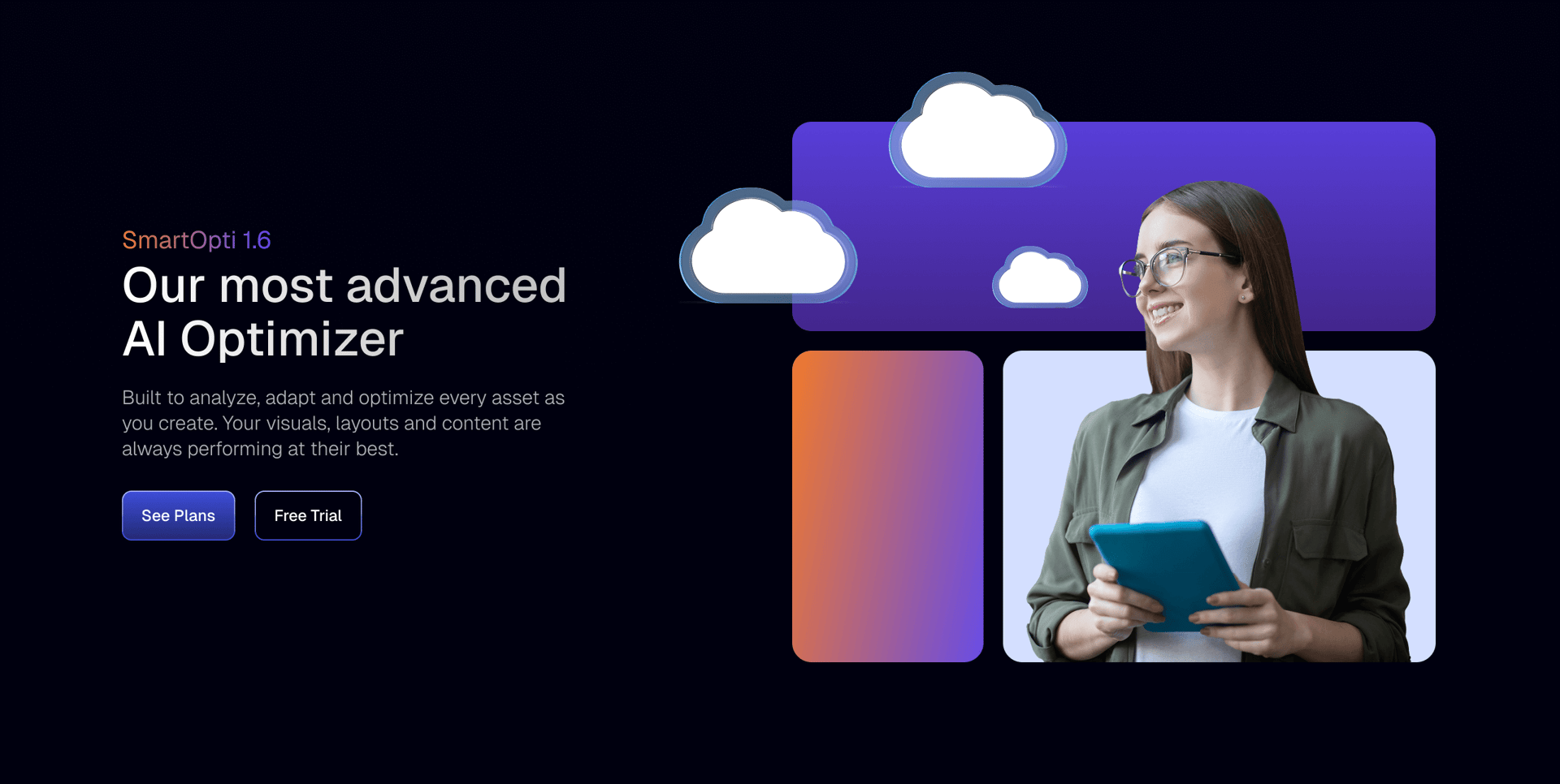 SmartOpti 1.6 AI Optimizer: description, buttons, and a smiling woman with a tablet.