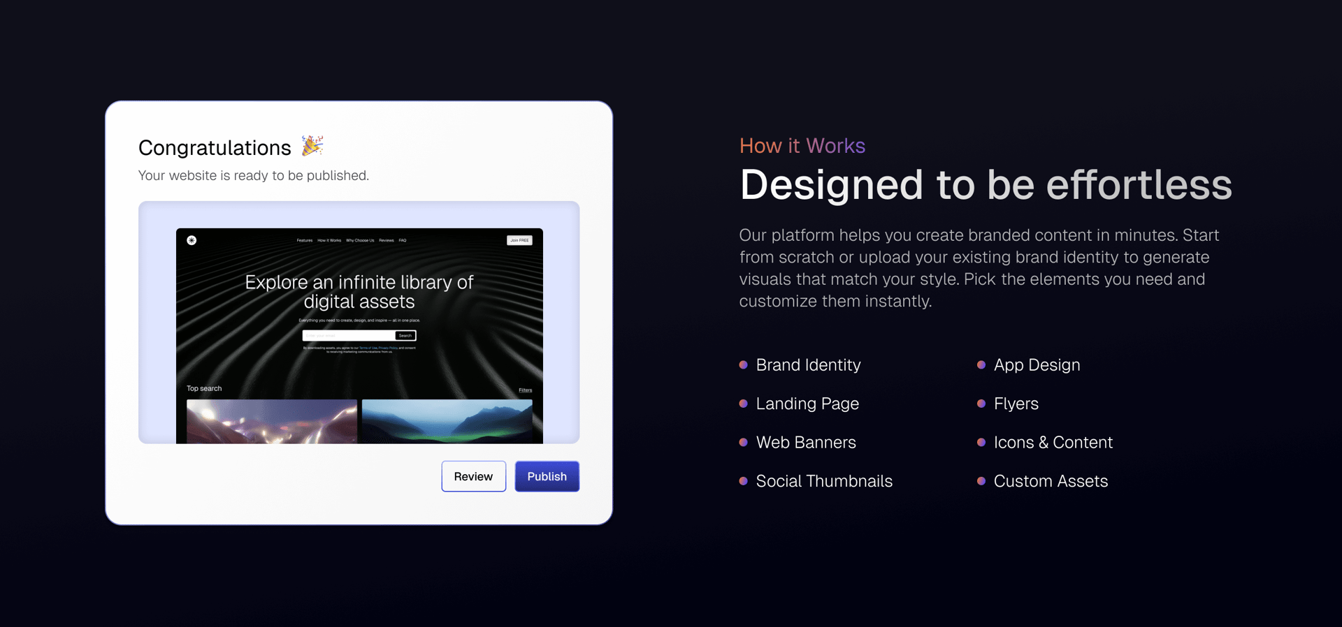 Website ready notification and features of an effortless digital asset platform.