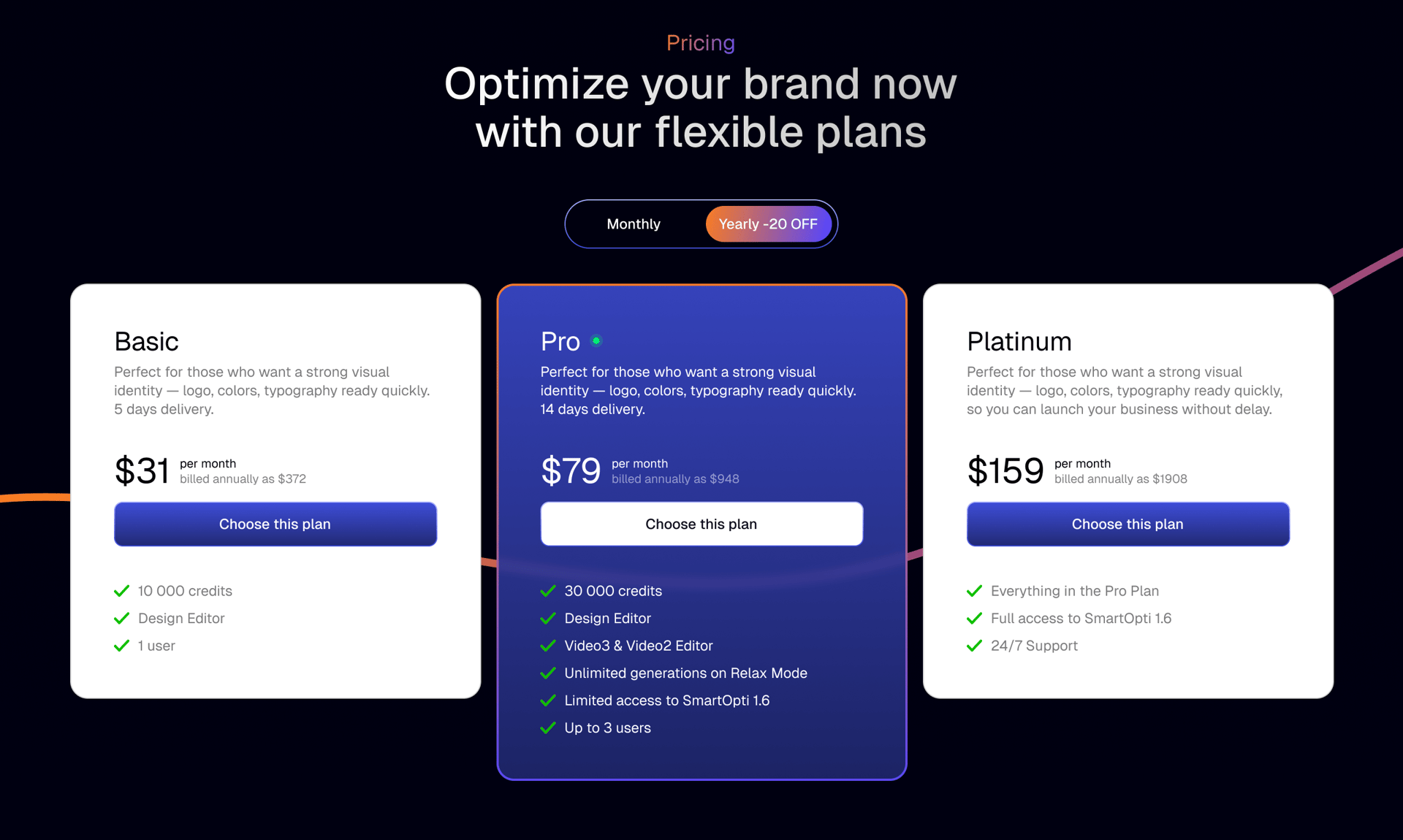 Pricing plans: Basic, Pro, Platinum, with monthly/yearly toggle.