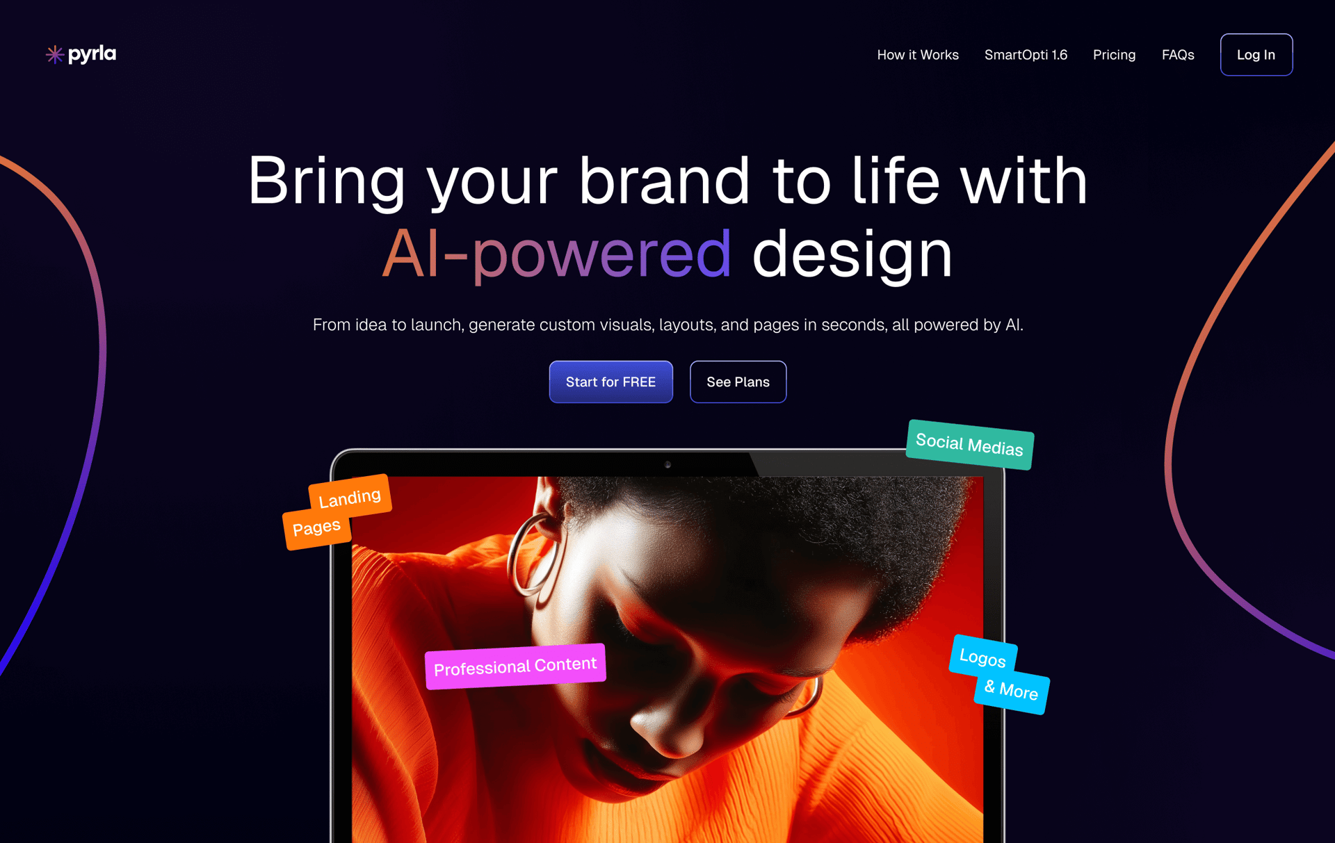 Pyrla website promoting AI-powered design, showing features like landing pages and logos.