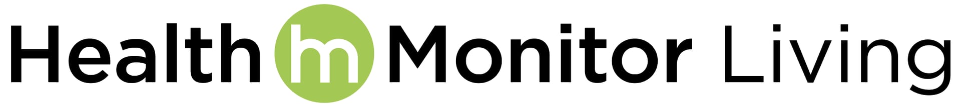Logo for Health Monitor Living, with black text and a distinct green circular emblem around the 'm' in Monitor.