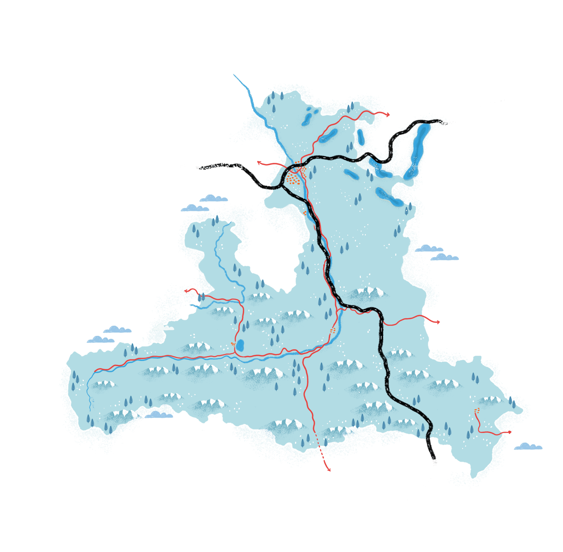 A whimsical illustration of a landmass with mountains, rivers, lakes, and roads on a dark green background.