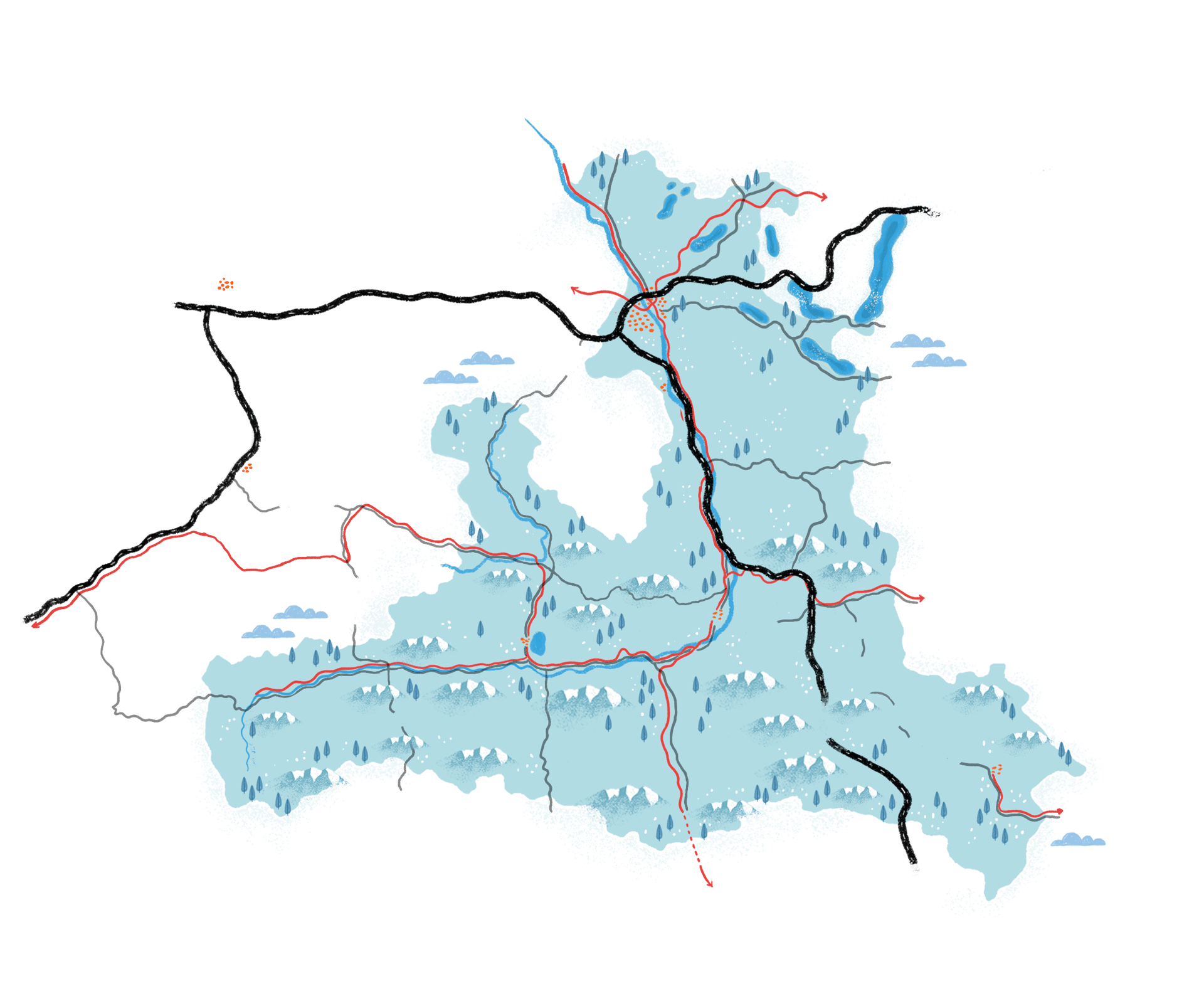 A whimsical illustration of a landmass with mountains, rivers, lakes, and roads on a dark green background.