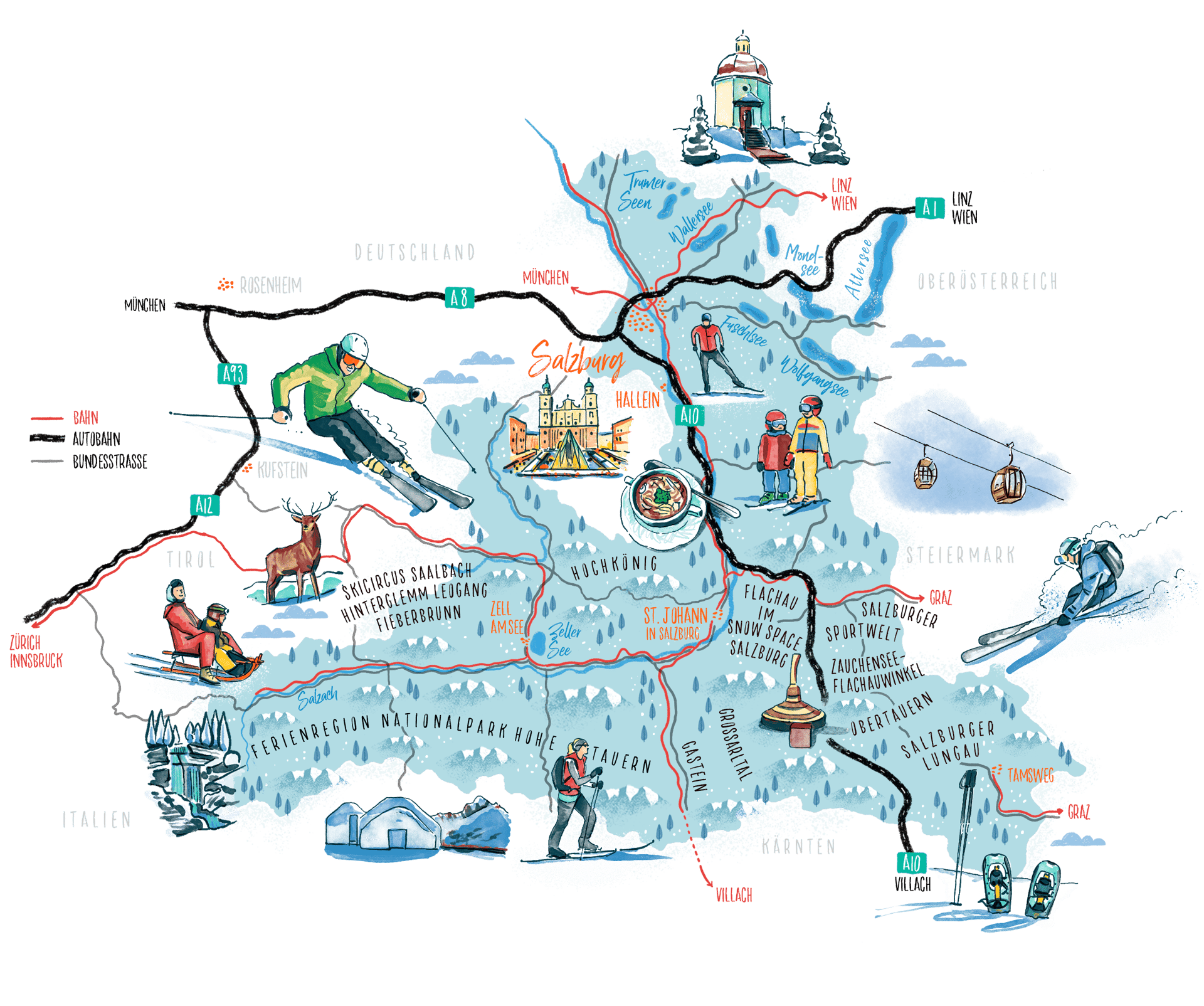 A stylized map of the Salzburg region, showing cities, lakes, mountains, and major highways (A8, A10) connecting to surrounding countries and Austrian states.
