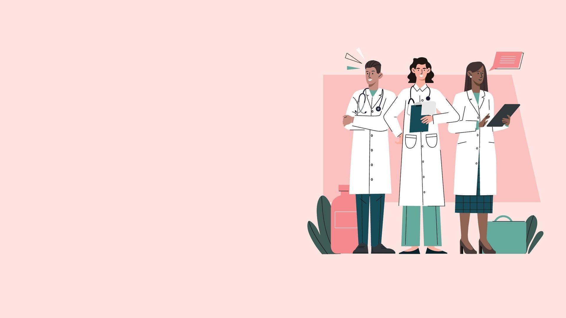 Illustration of three diverse doctors (two men, one woman) in lab coats, standing together, smiling.