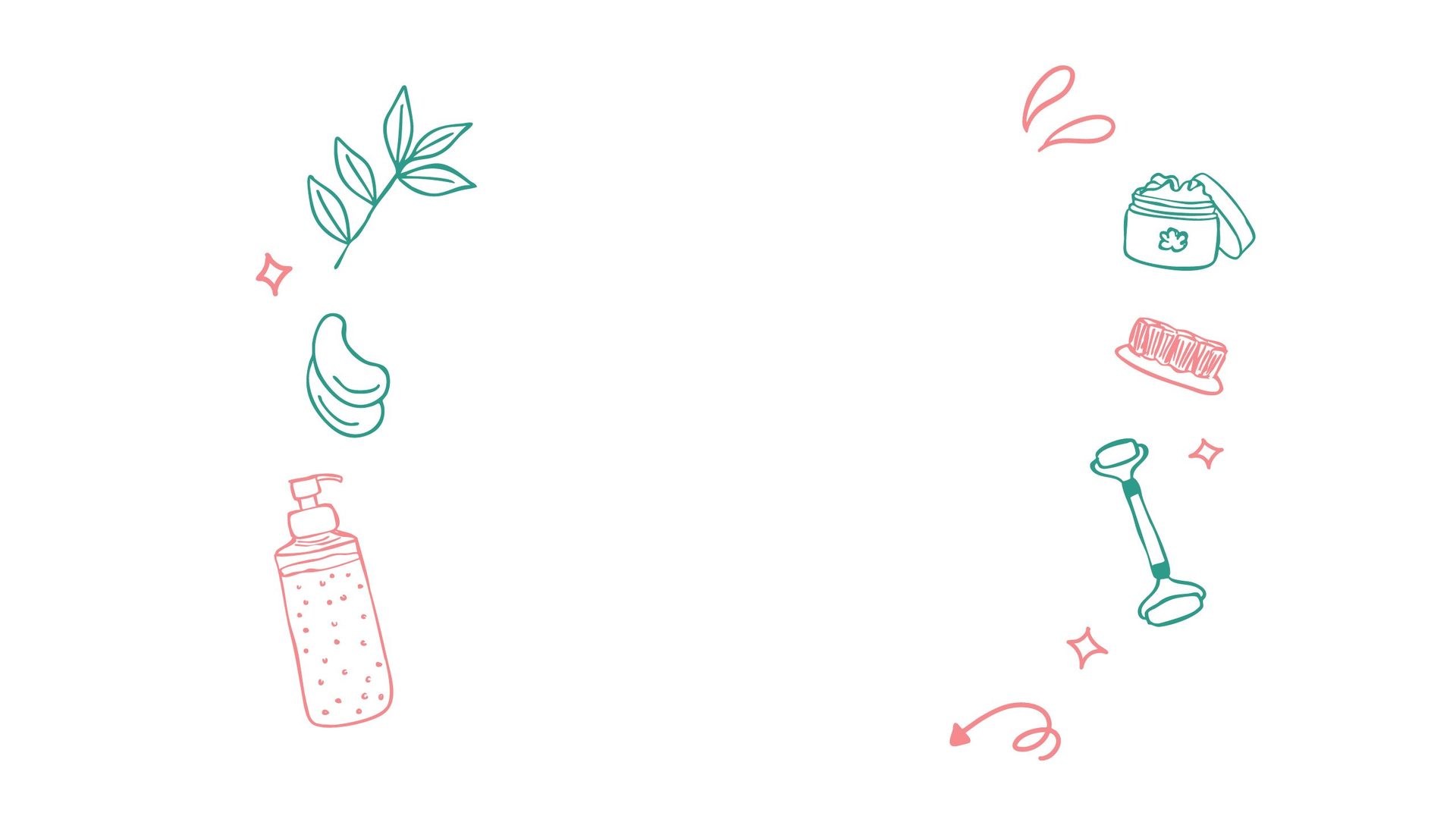 Line art of skincare items: bottle, eye patches, cream jar, brush, jade roller, and leaves.