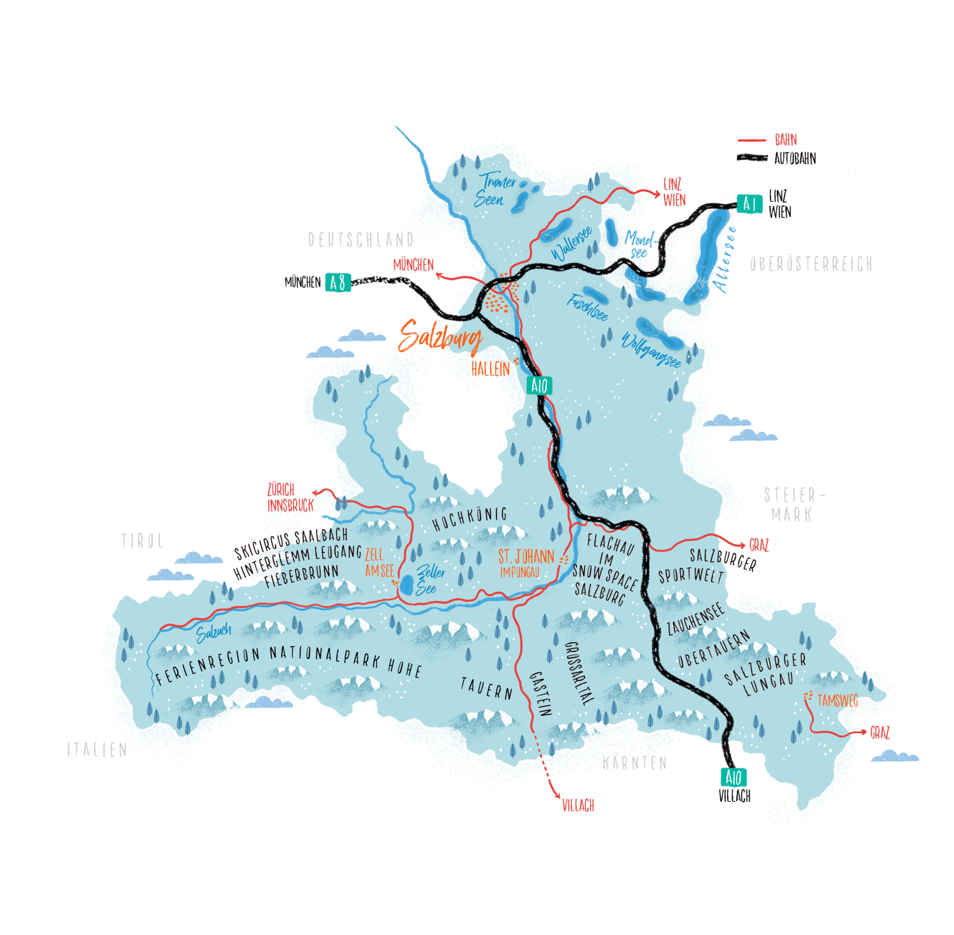 Stylized map of Salzburg state, Austria, featuring cities, ski resorts, lakes, and major transport routes.