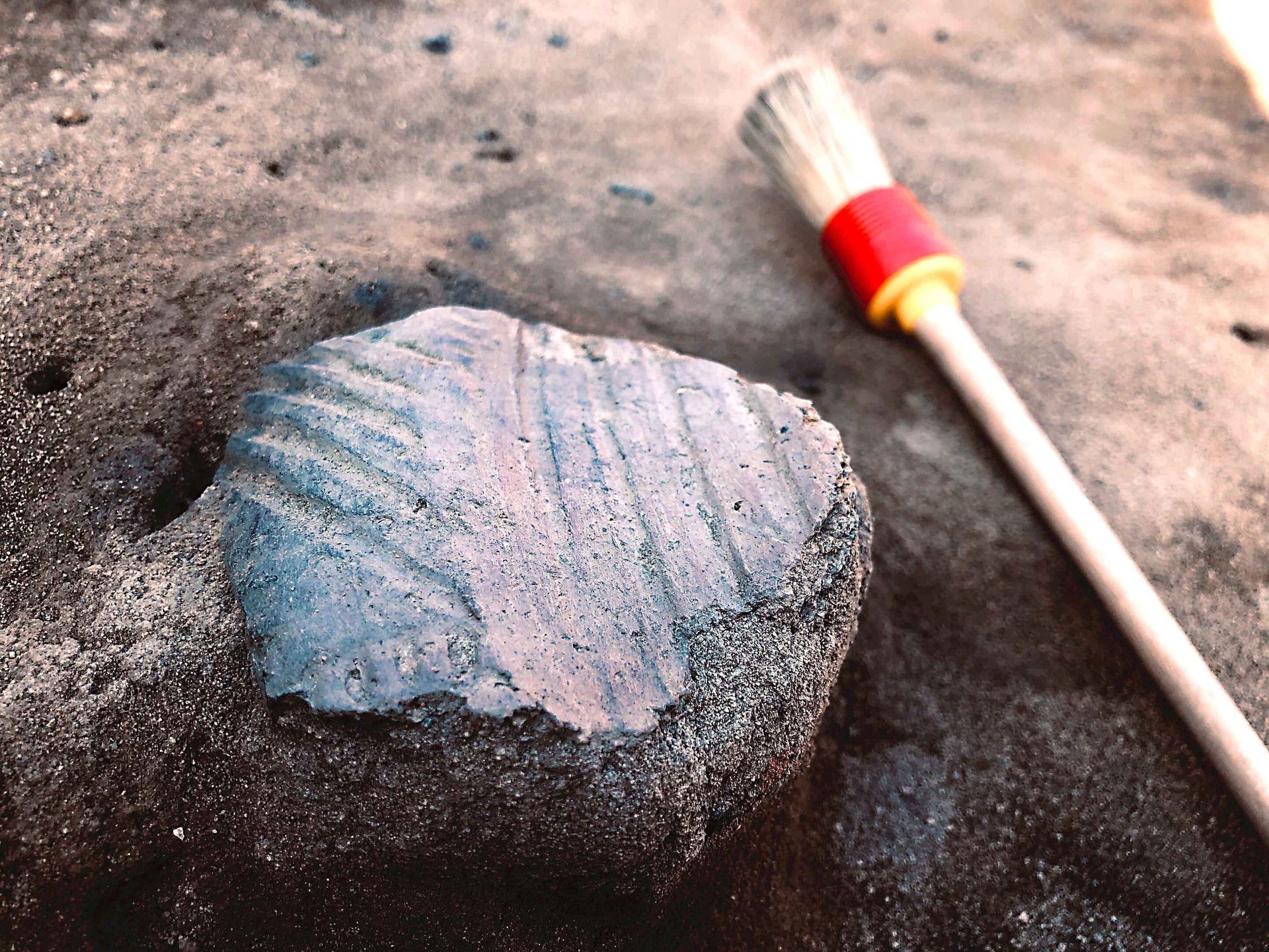 Shard of ceramic next to a brush