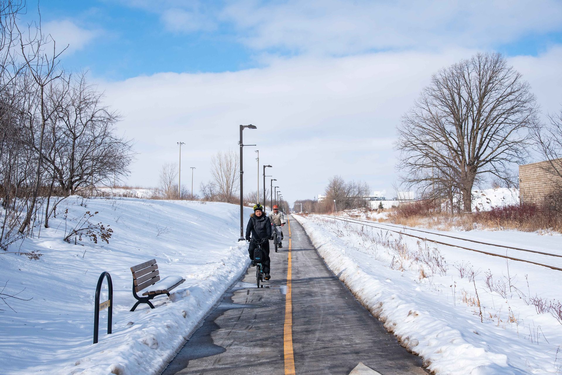 Cyclists on the market trail in the winter