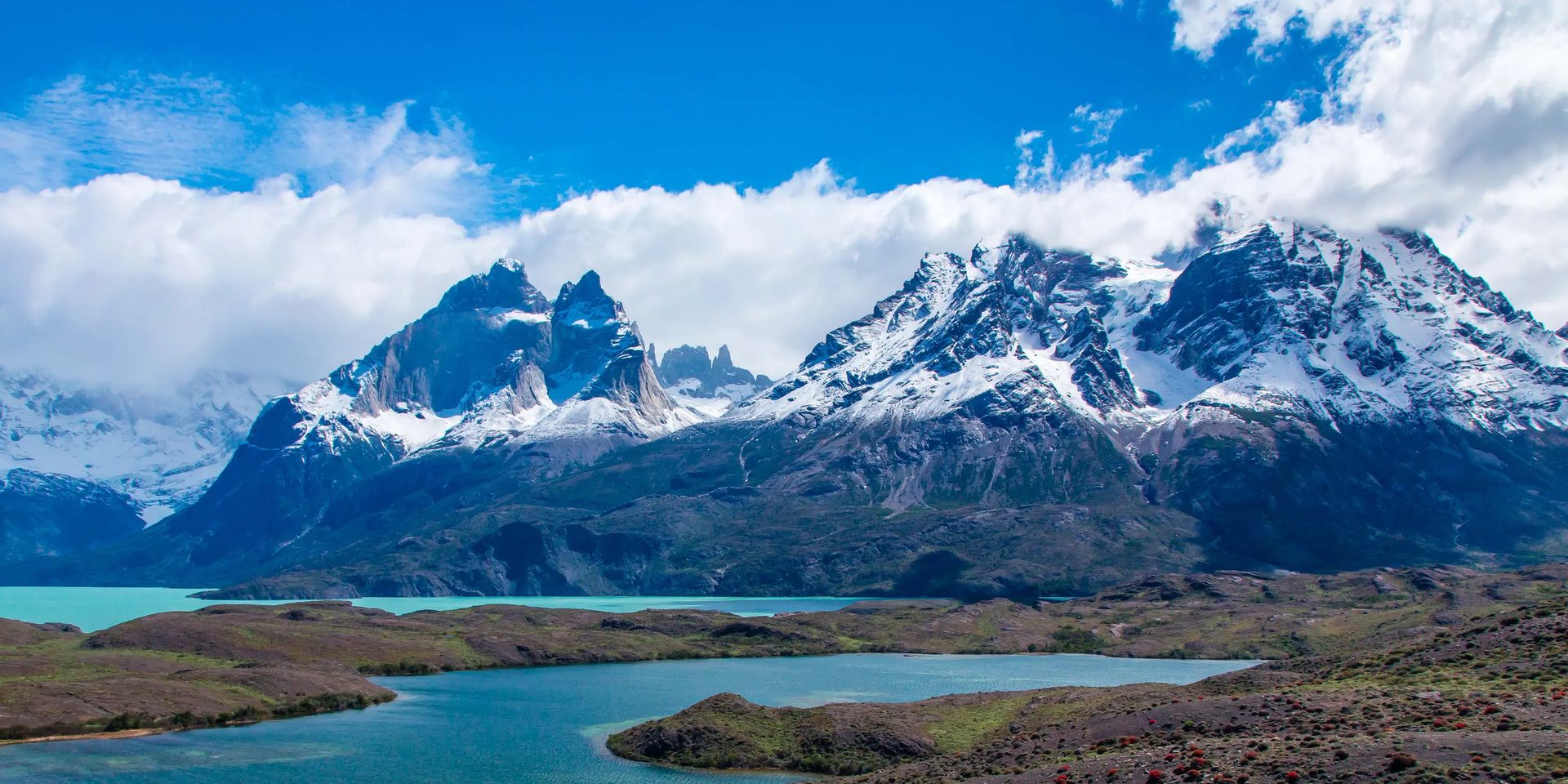 Natural landscape, Cloud, Sky, Water, Mountain, Plant, Blue, Snow, Highland, Bank