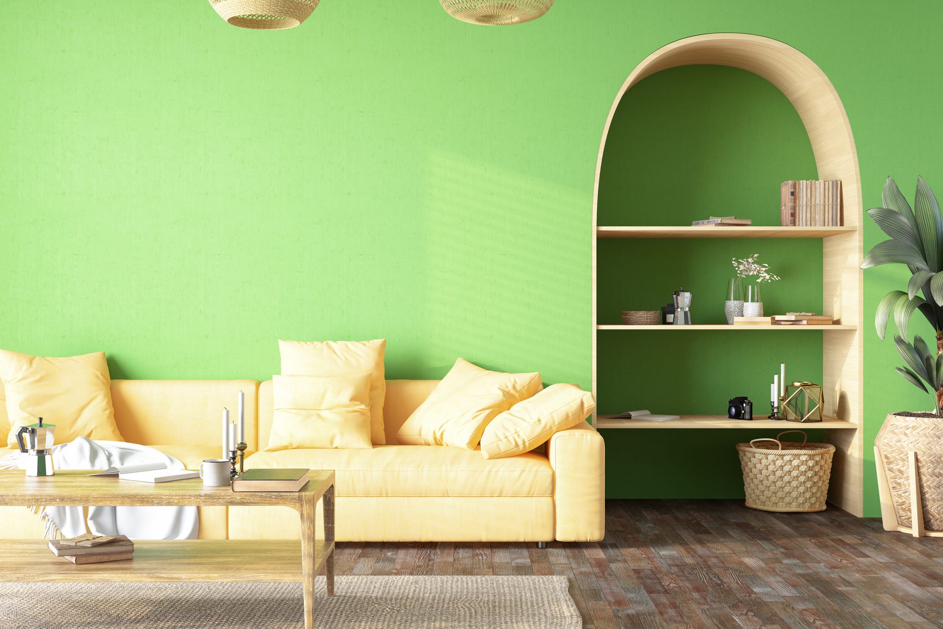 Interior design, Furniture, Plant, Green, Flowerpot, Wood, Houseplant, Couch, Lighting, Yellow