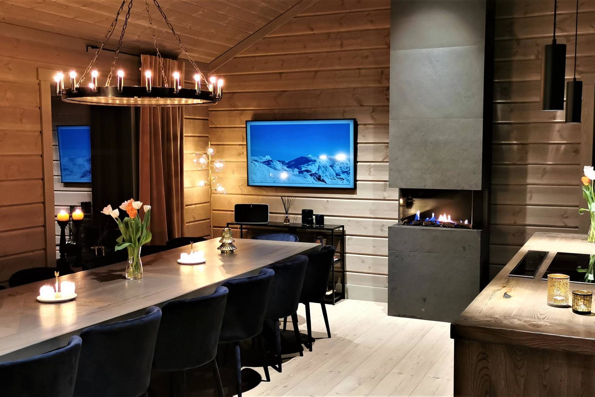 Interior design, Light fixture, Furniture, Wood, Flooring, Home, Floor, Ceiling, Table, Lighting