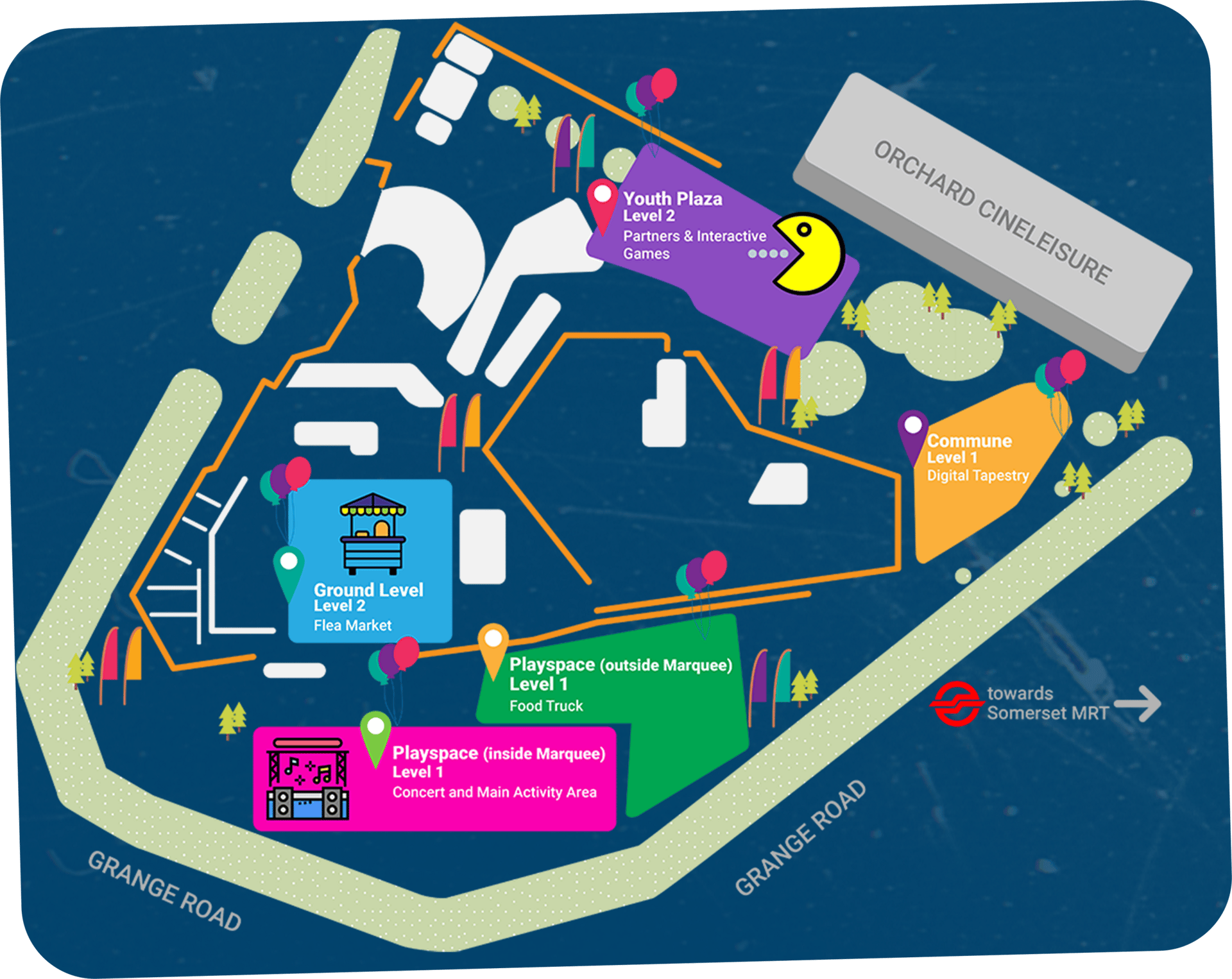 Event map: Youth Plaza, Flea Market, Playspace, Commune, plus Orchard Cineleisure & MRT direction.