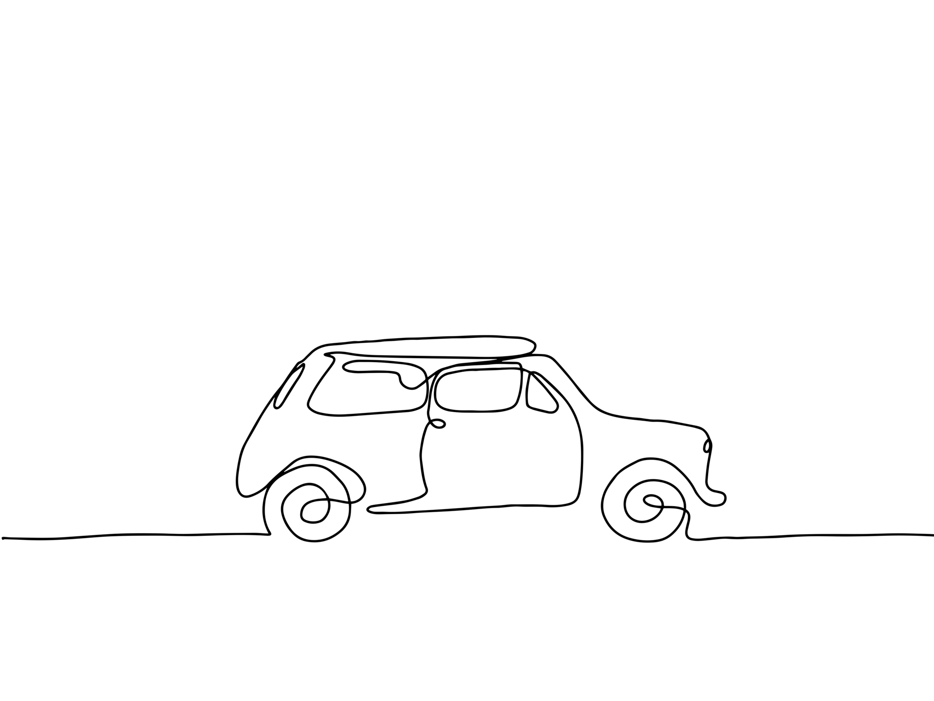 A single continuous line drawing depicts a car with a surfboard on its roof against a dark green background.