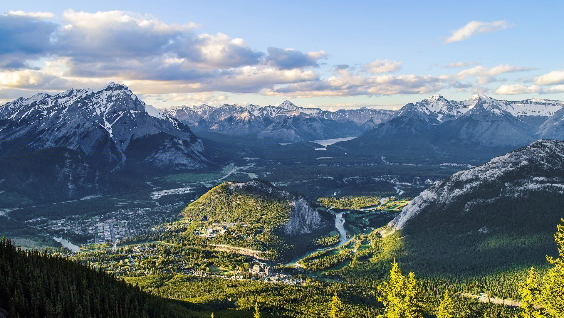 Panoramic view of Banff National Park, Canada, with snowy mountains, town, river, and forests.