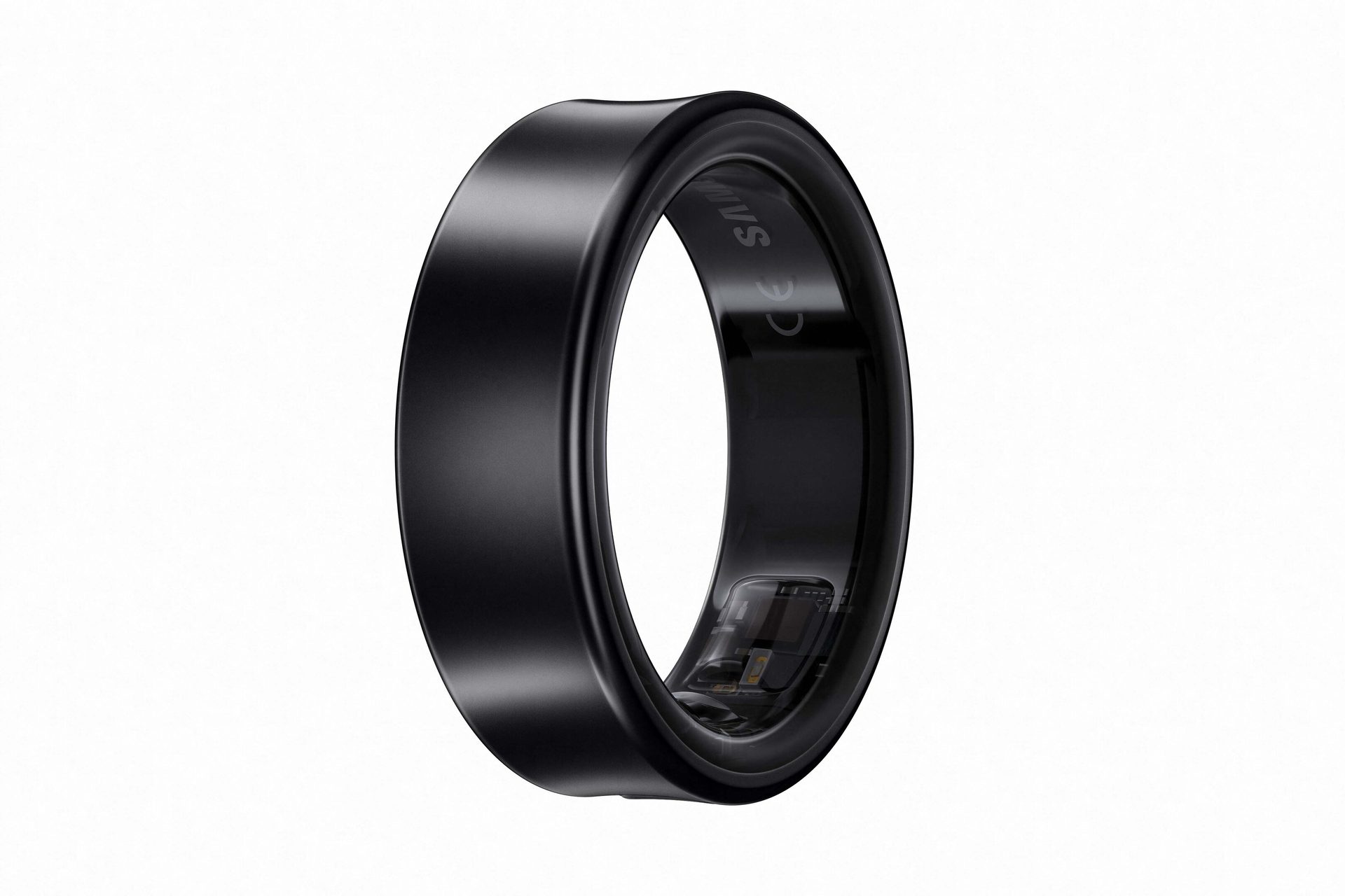 A black smart ring with visible internal sensors and "CE SAM" text, on a white background.
