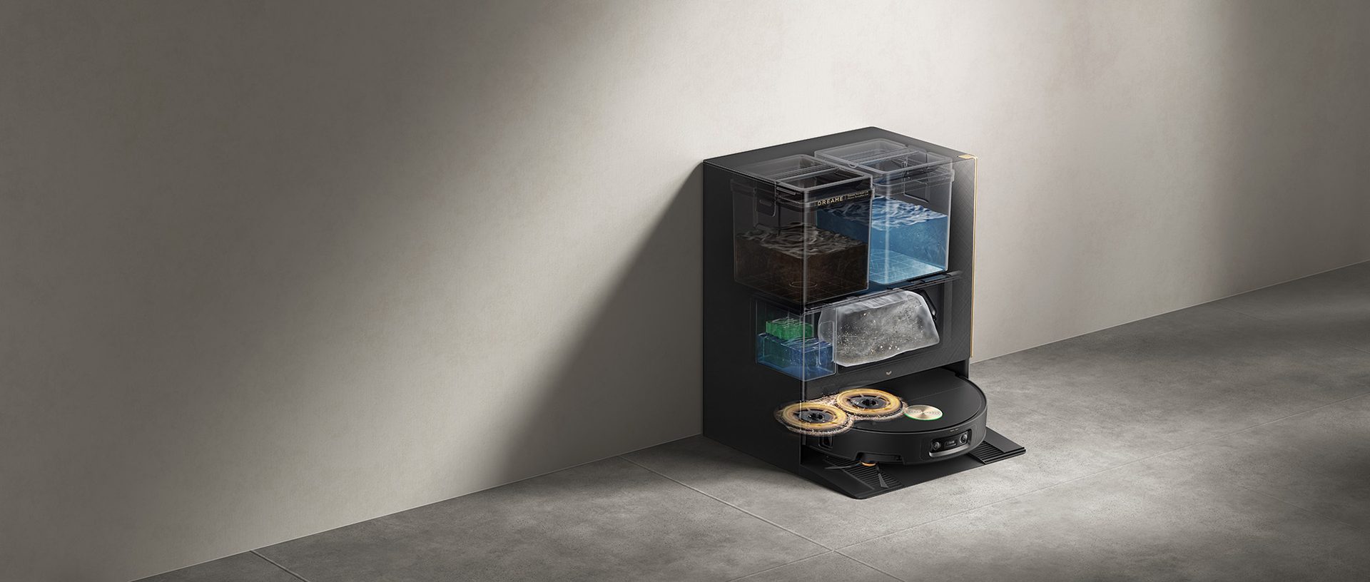 Robot vacuum cleaner docked in its self-cleaning station with transparent water tanks and rotating mop pads.