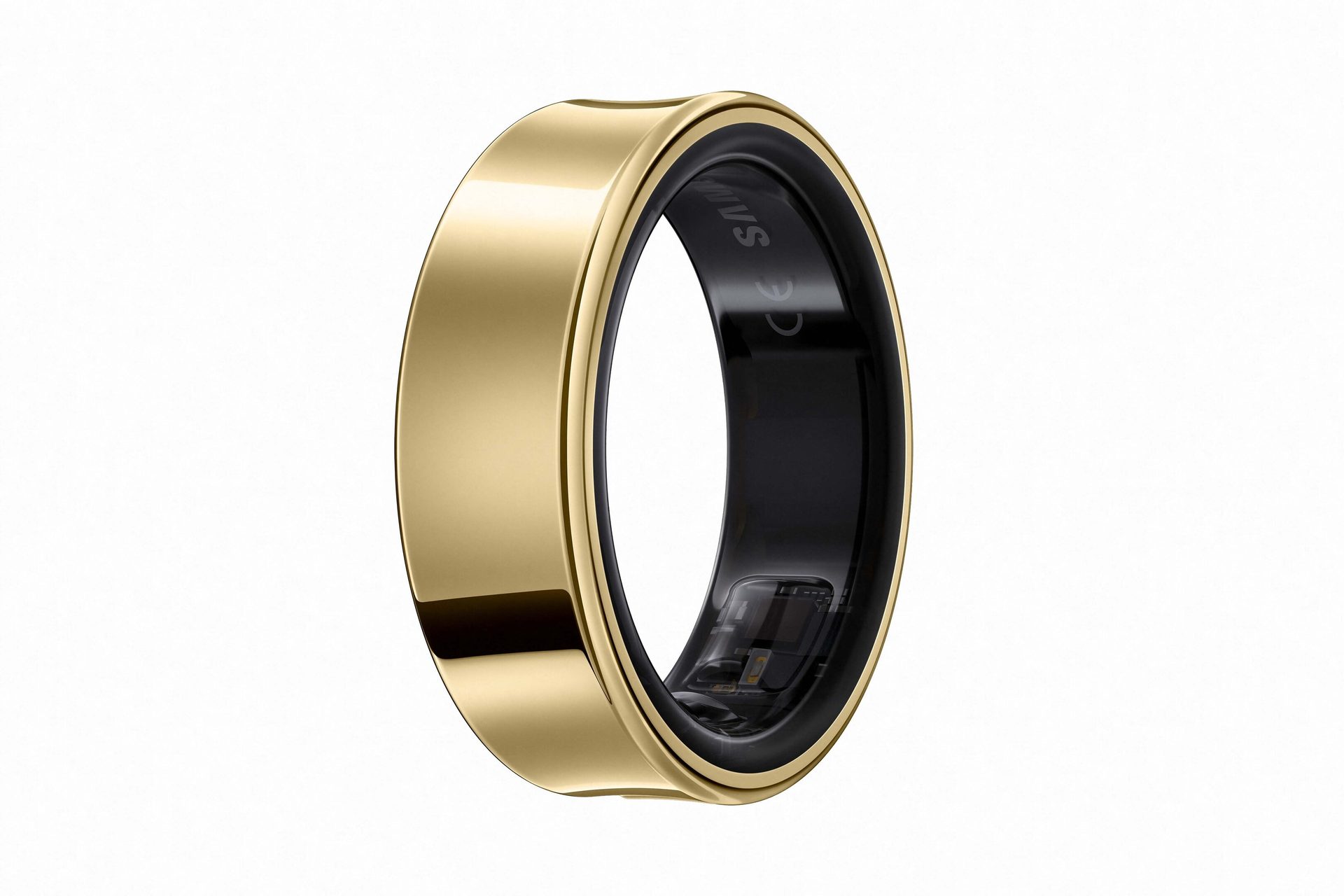 Gold smart ring with black interior, sensors visible inside.