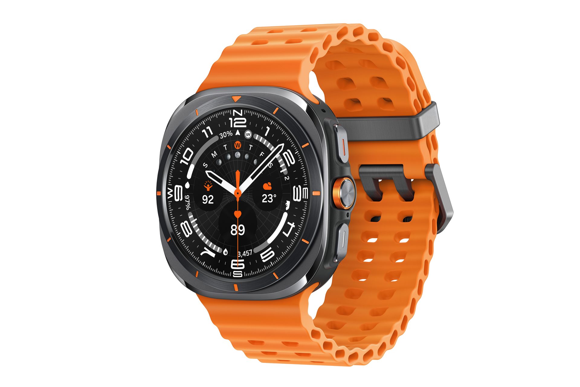 Orange smartwatch with black face displaying time, weather, and activity metrics.
