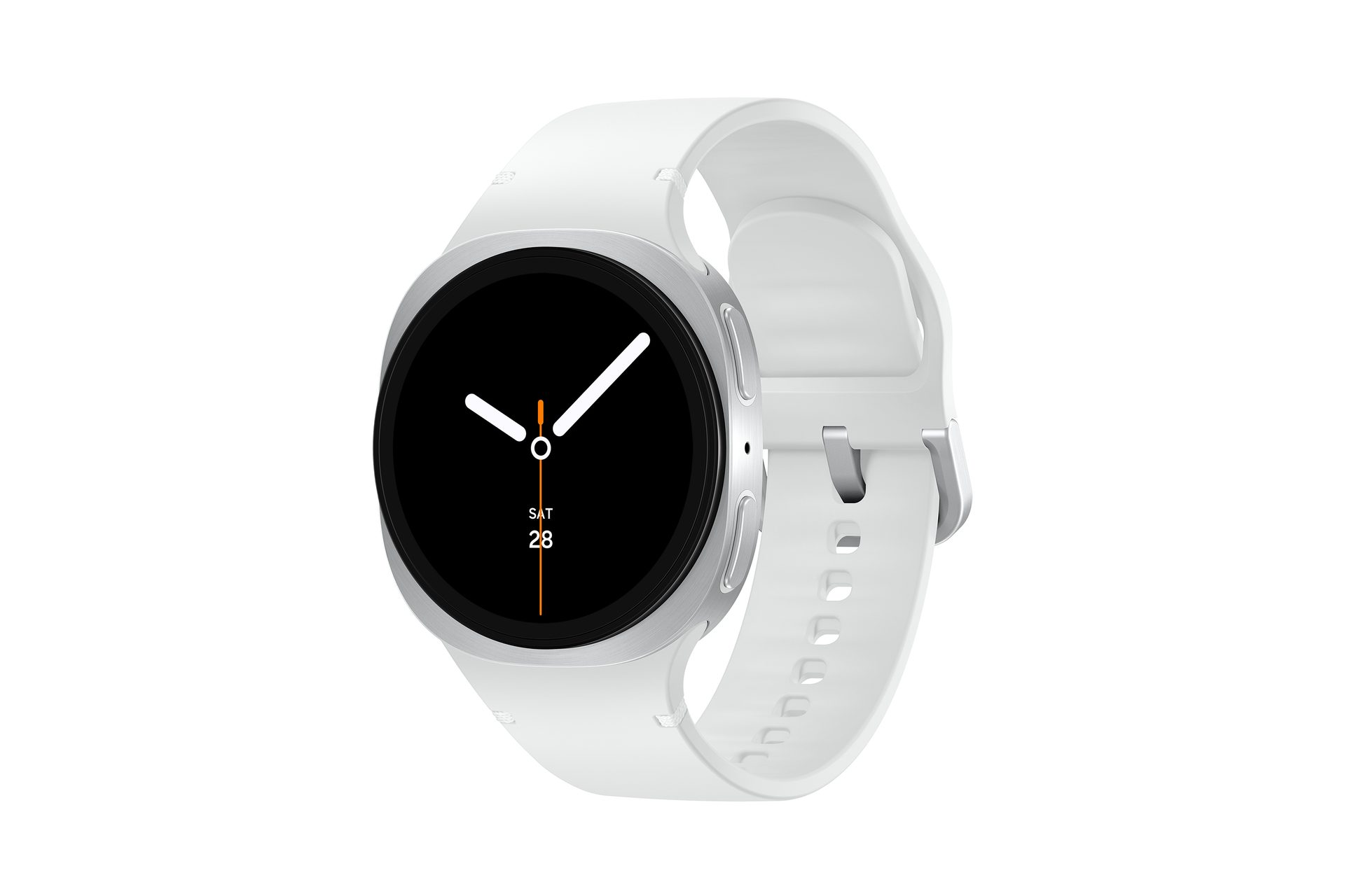 White smartwatch with silver bezel, black display showing analog time, date, and a white silicone strap.