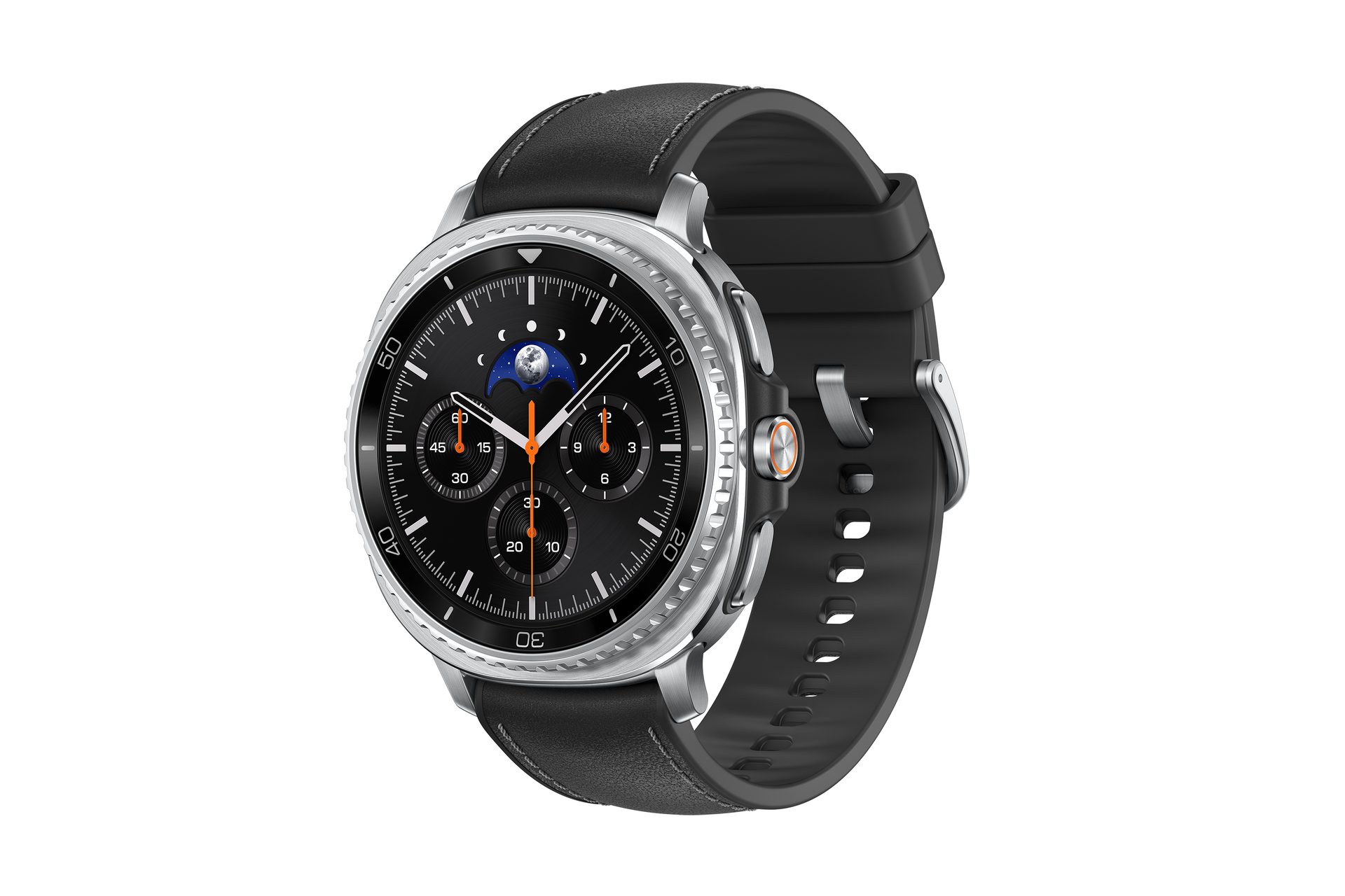 A black and silver smartwatch with a moon phase dial, chronometer subdials, and a black strap.