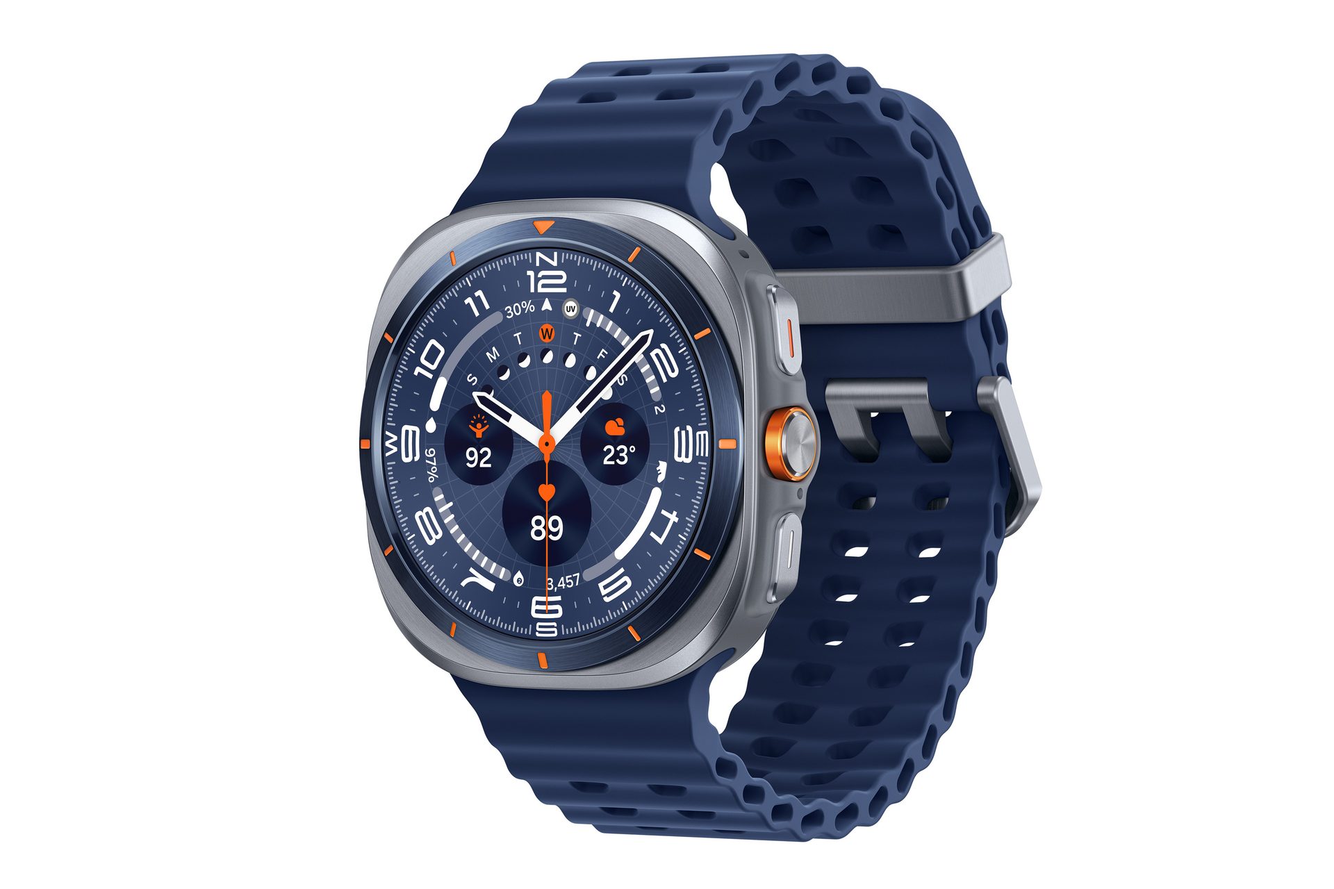 Blue and silver smartwatch with a detailed digital face and orange accents.