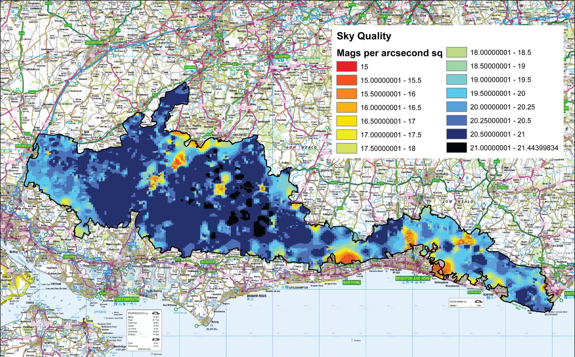 Map of southern UK showing sky quality in magnitudes per arcsecond squared, with color legend.