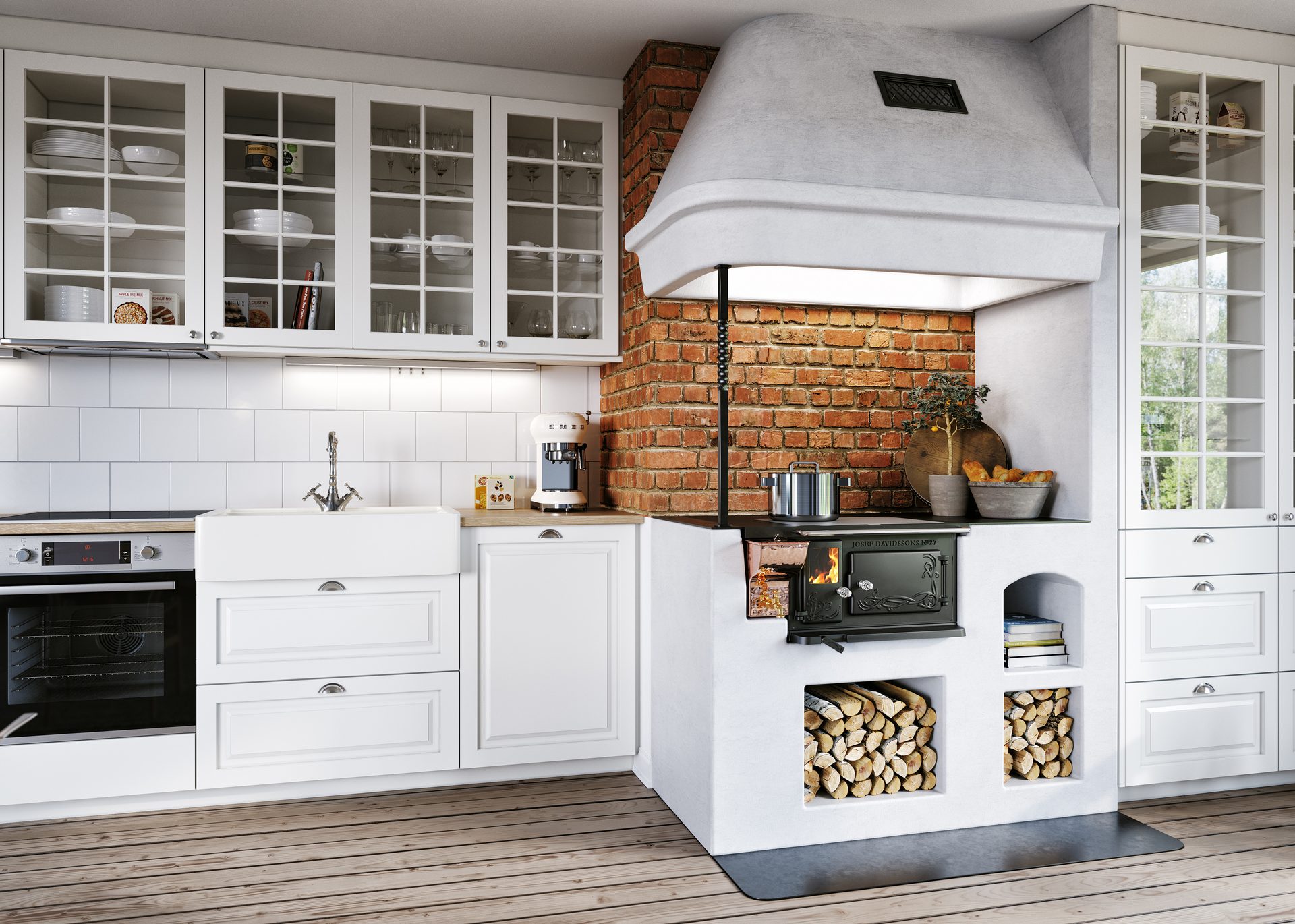 A rustic white kitchen with a wood-burning stove, exposed brick, and white cabinetry.