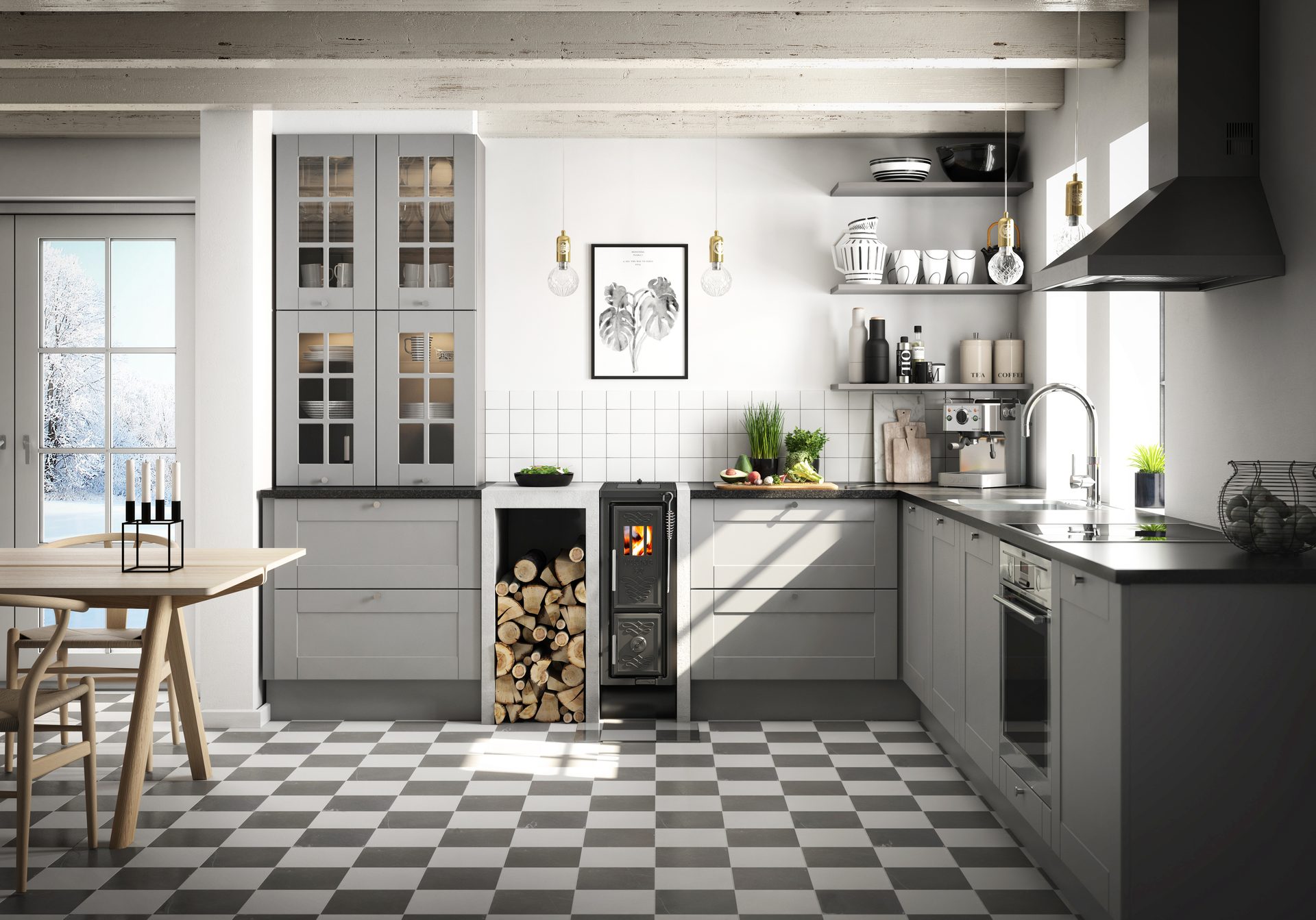 A cozy grey kitchen with a wood stove, stacked logs, and a black and white checkered floor.