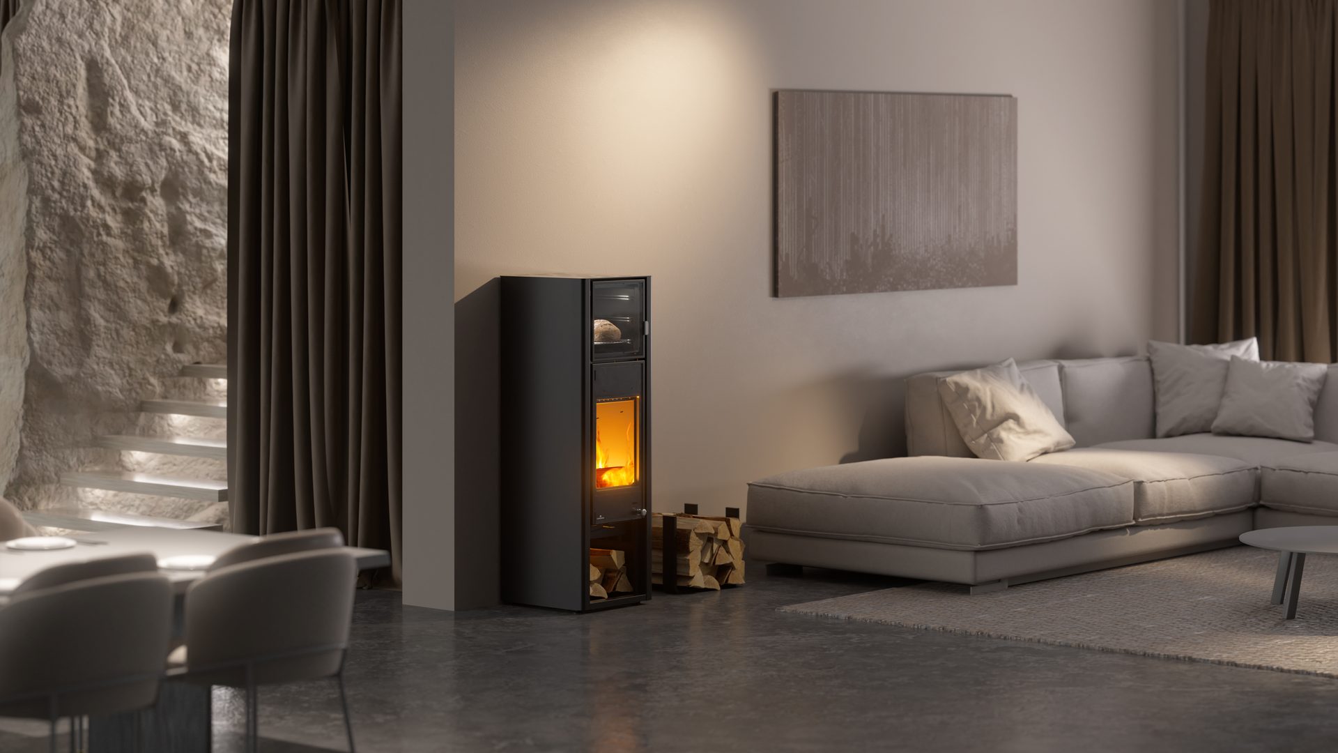 Modern living area with a sleek wood stove, burning fire, light-colored sofa, and stone wall.